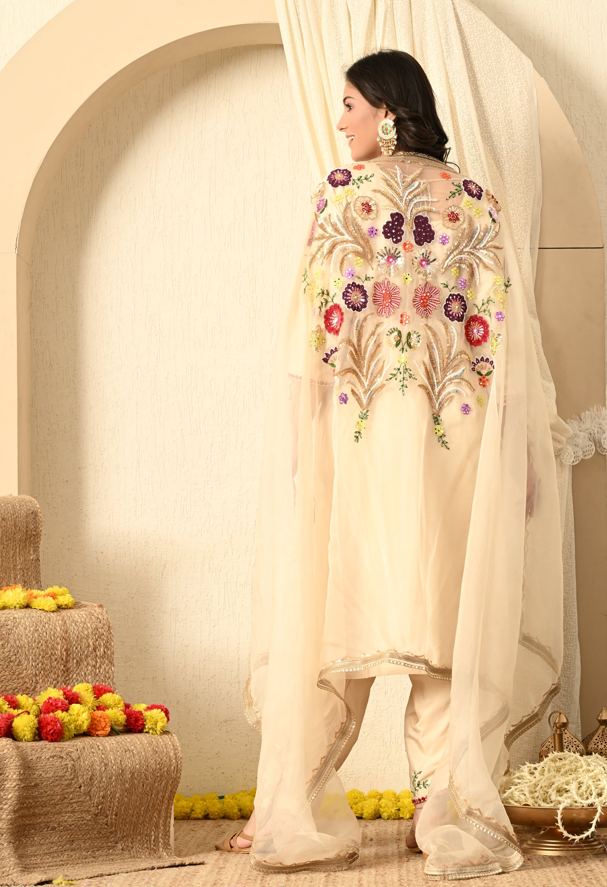 Dark Cream Sequence & Thread Work Kurta Set