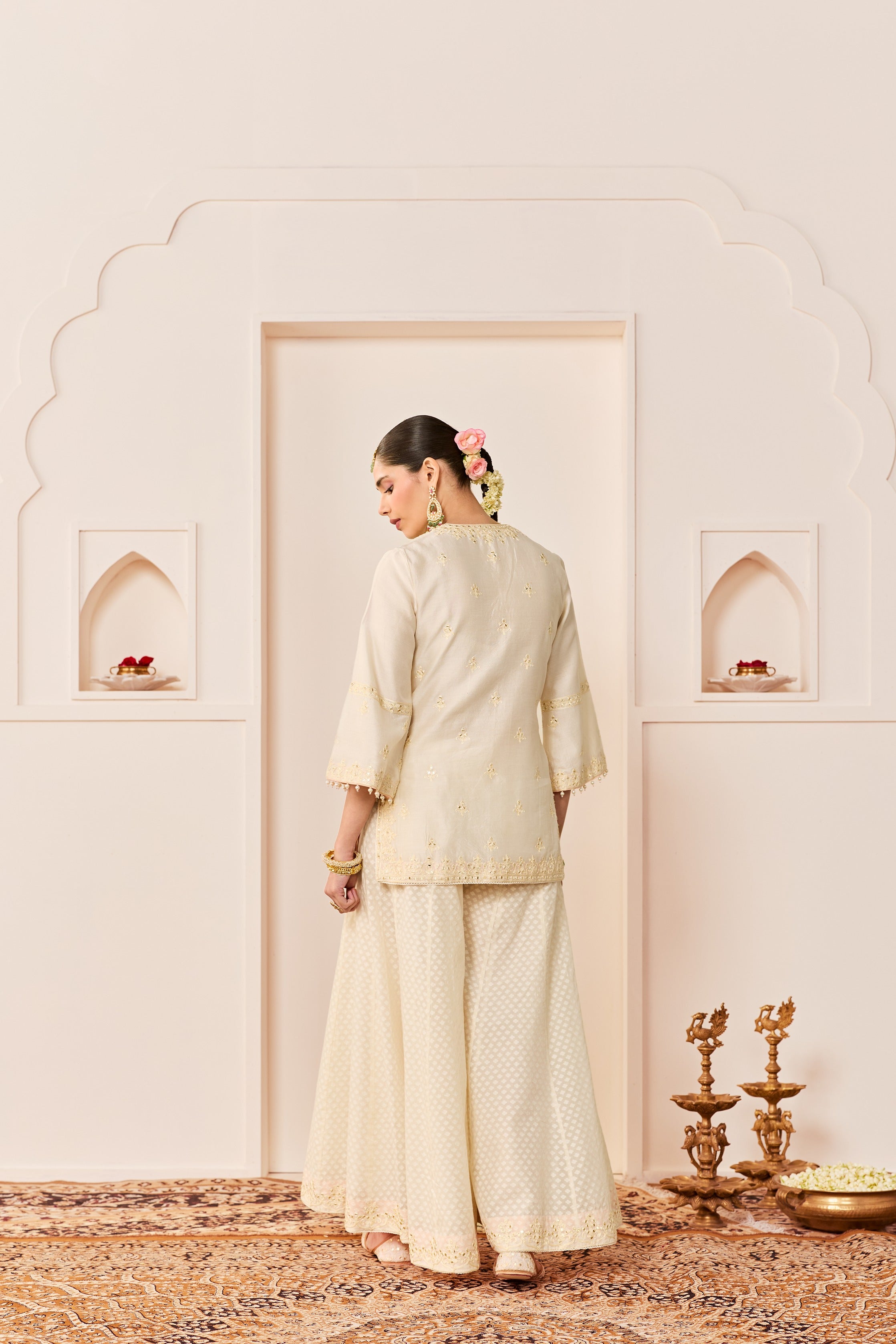 REHMA -DAISY IVORY SHORT KURTA WITH SHARARA AND DUPATTA