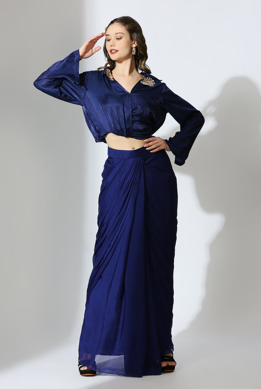 Royal Blue Embroidered Draped Shirt With Skirt