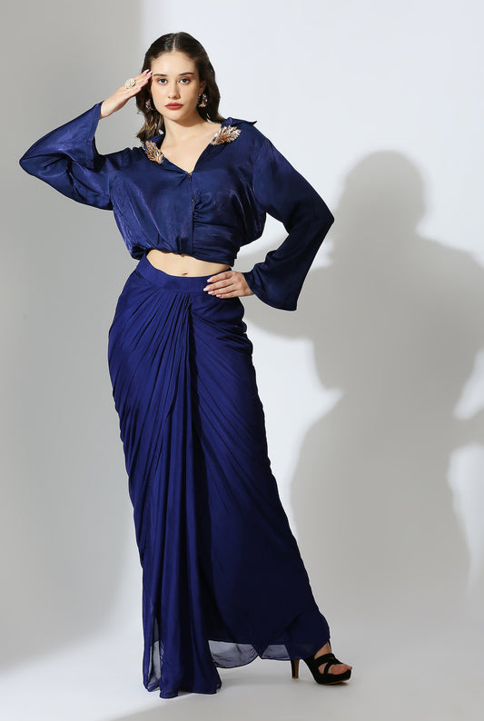 Royal Blue Embroidered Draped Shirt With Skirt
