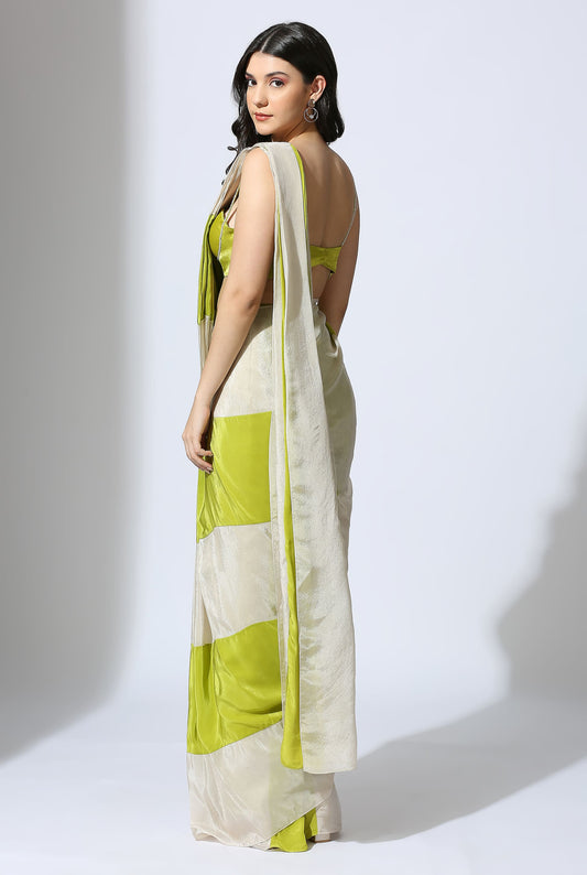 Lime Green And Tissue Color Block Saree With Lime Green Embroidered Blouse