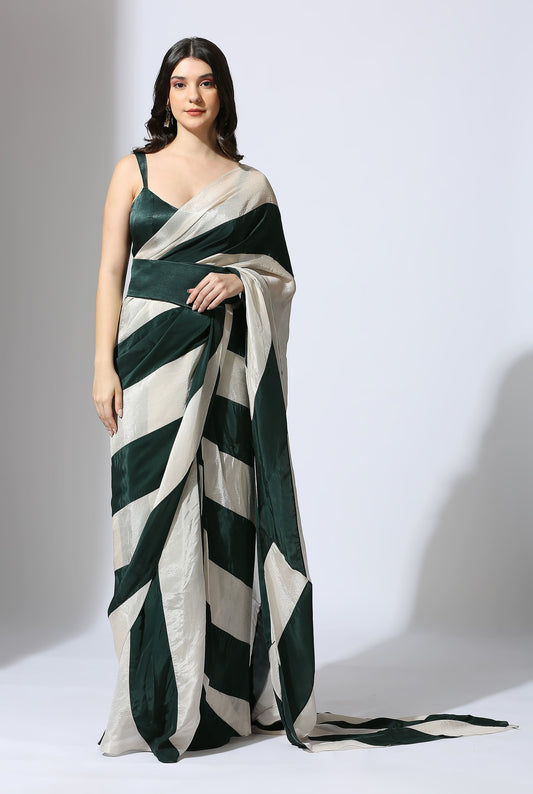 Bottle Green And Tissue Color Block Saree With Bottle Green Blouse And Waist Belt