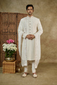 Load image into Gallery viewer, Cream White Lucknowi Velvet Sequinned Sherwani Set
