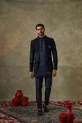 Load image into Gallery viewer, Royal Blue Satin silk and Velevt Embroidery Open indo western set
