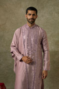 Load image into Gallery viewer, Pale mauve art silk mirror embroidered patiala suit set
