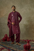 Load image into Gallery viewer, Red Cherry art silk mirror embroidered patiala suit set

