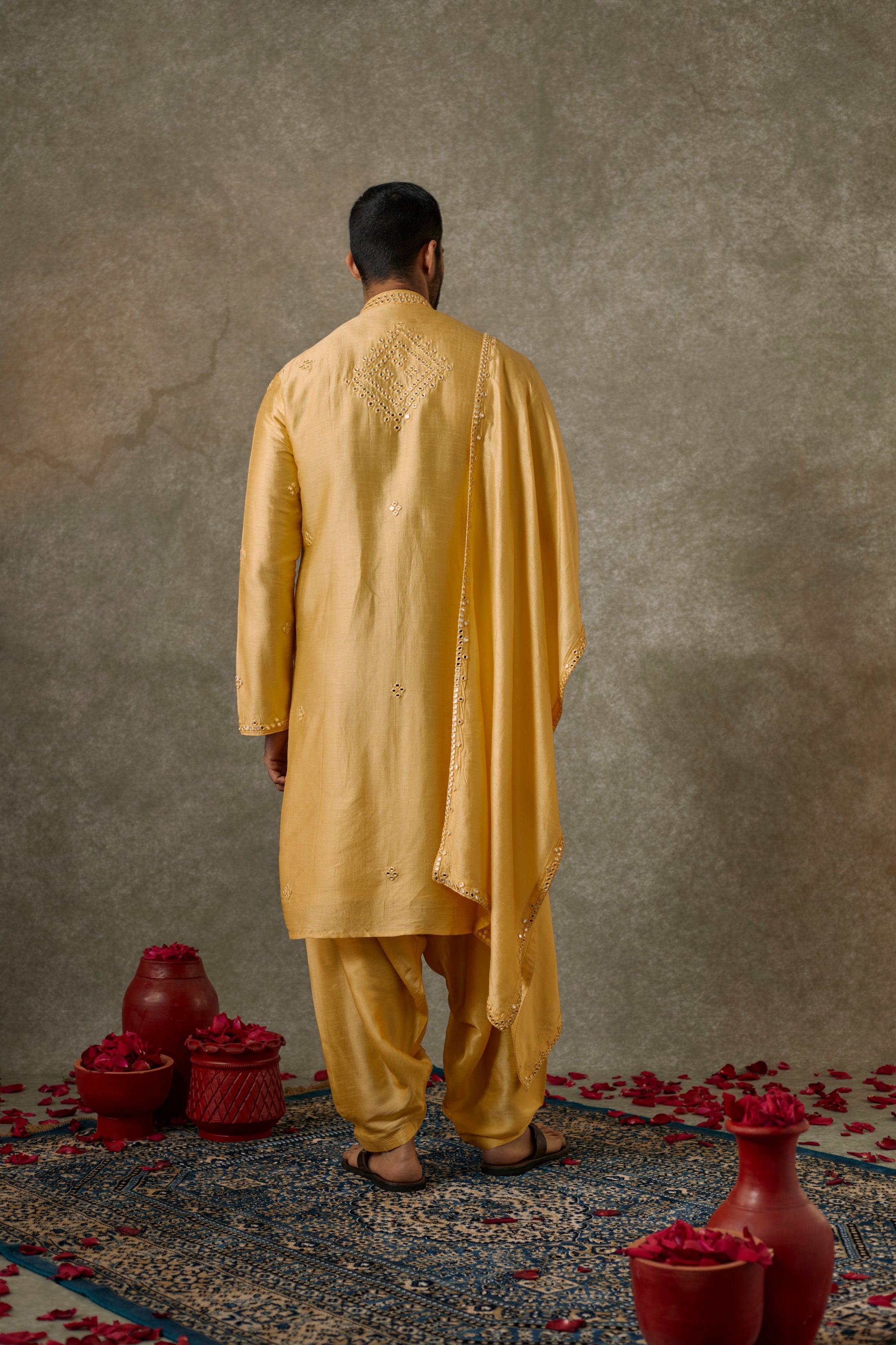 Turmeric Yellow art silk mirror embroidered patiala suit set