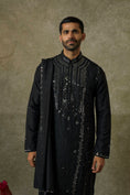 Load image into Gallery viewer, Pitch Black art silk mirror embroidered patiala suit set
