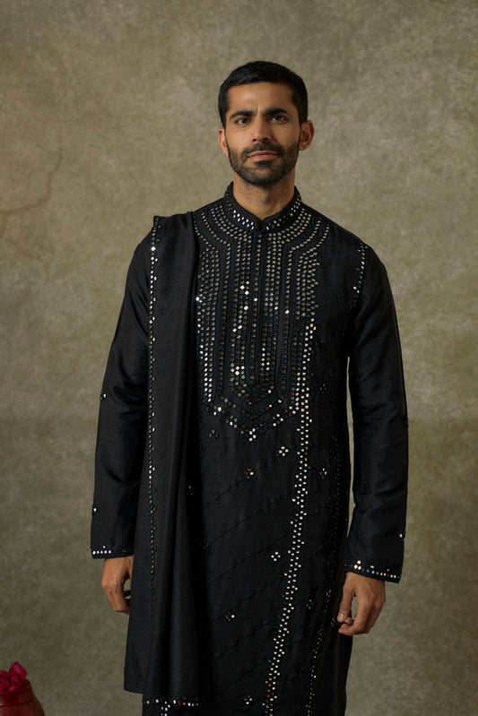 Pitch Black art silk mirror embroidered patiala suit set