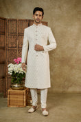 Load image into Gallery viewer, Seashell White Lucknowi Velvet Sherwani Set
