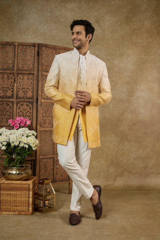 Ombre Canary Yellow Sharting Silk Open Indowestern Set With Dori Work