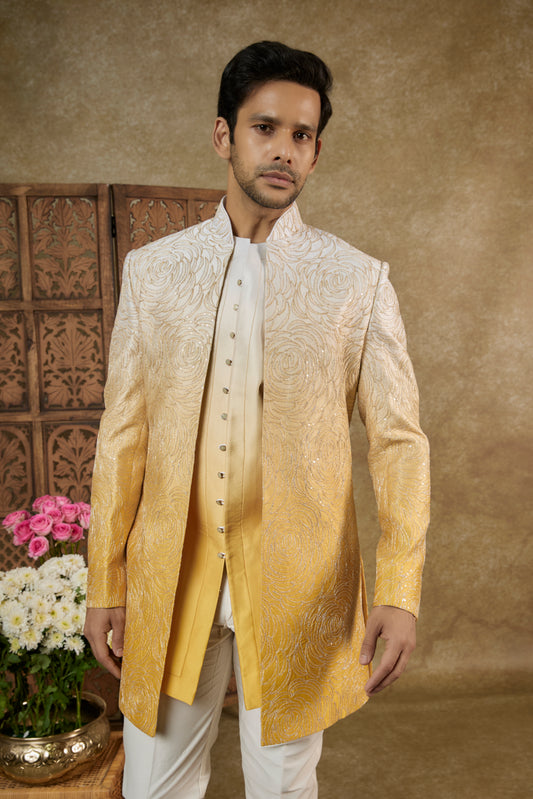 Ombre Canary Yellow Sharting Silk Open Indowestern Set With Dori Work