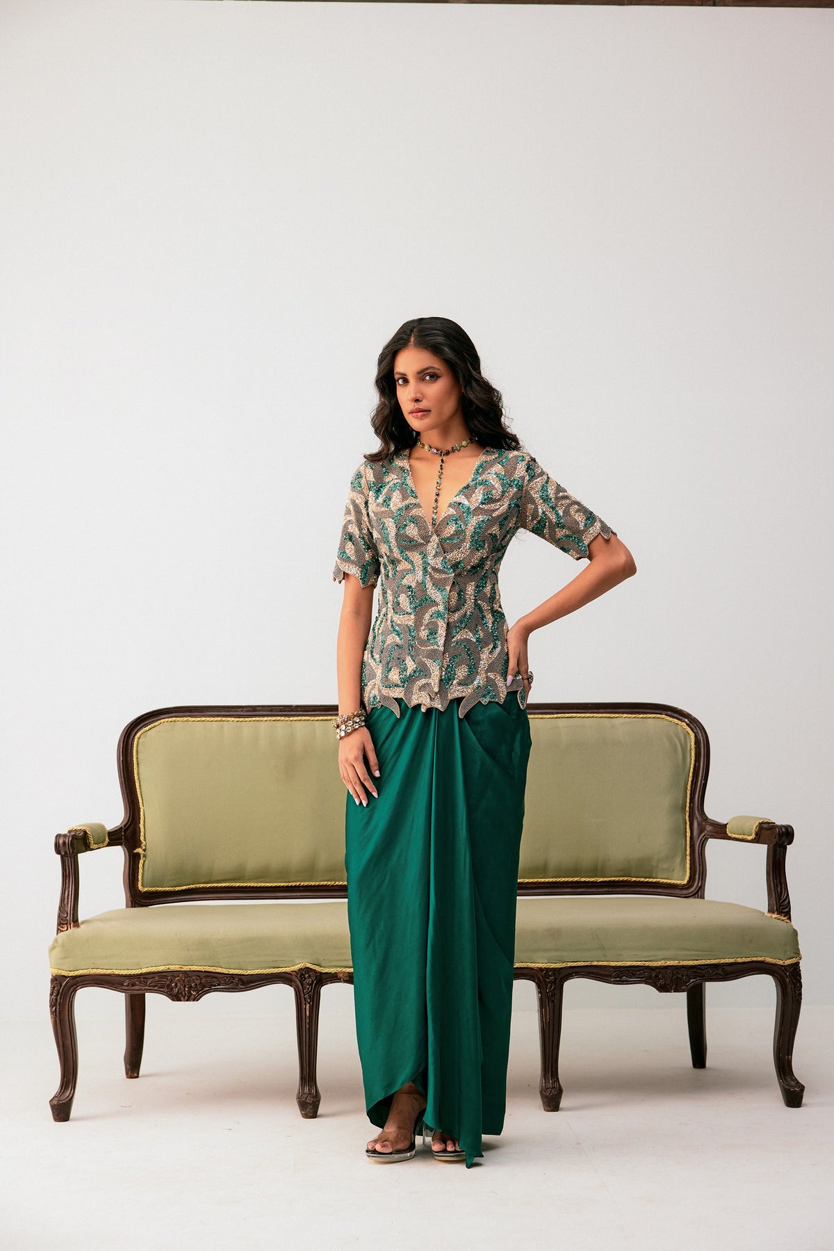 Embroidered Top With Drape Skirt