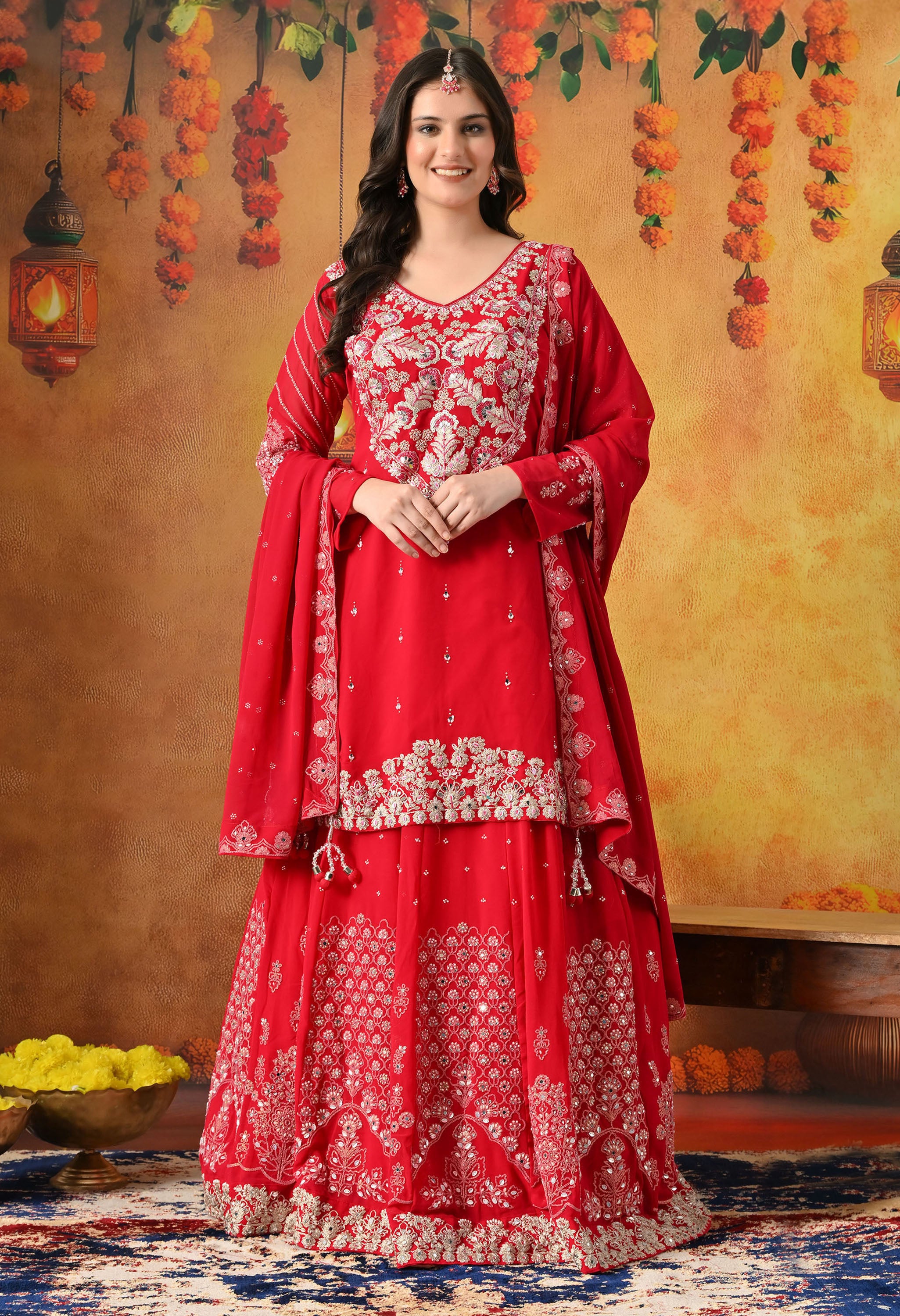 Reddish Pink Zardozi Work Lehenga Set