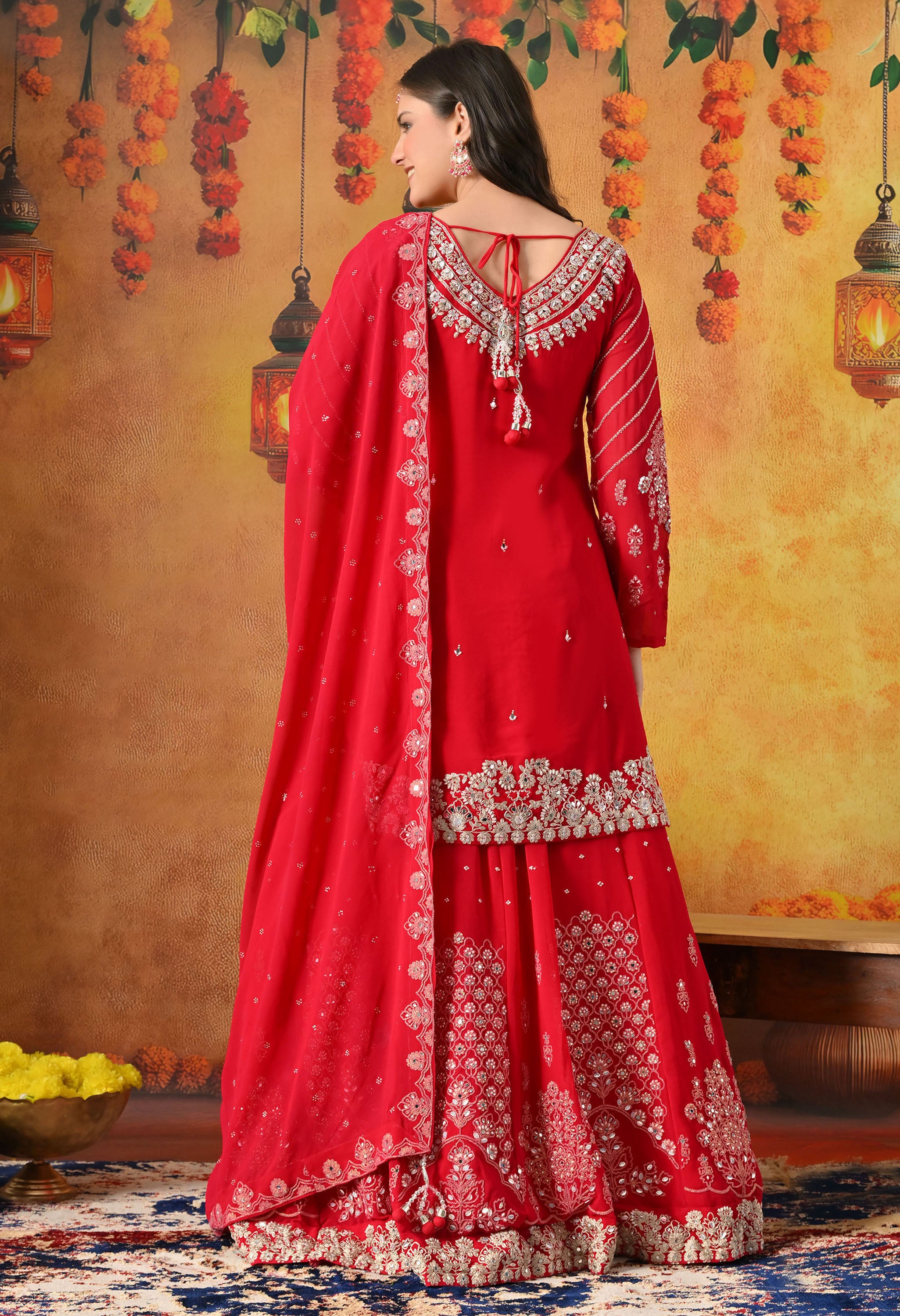 Reddish Pink Zardozi Work Lehenga Set