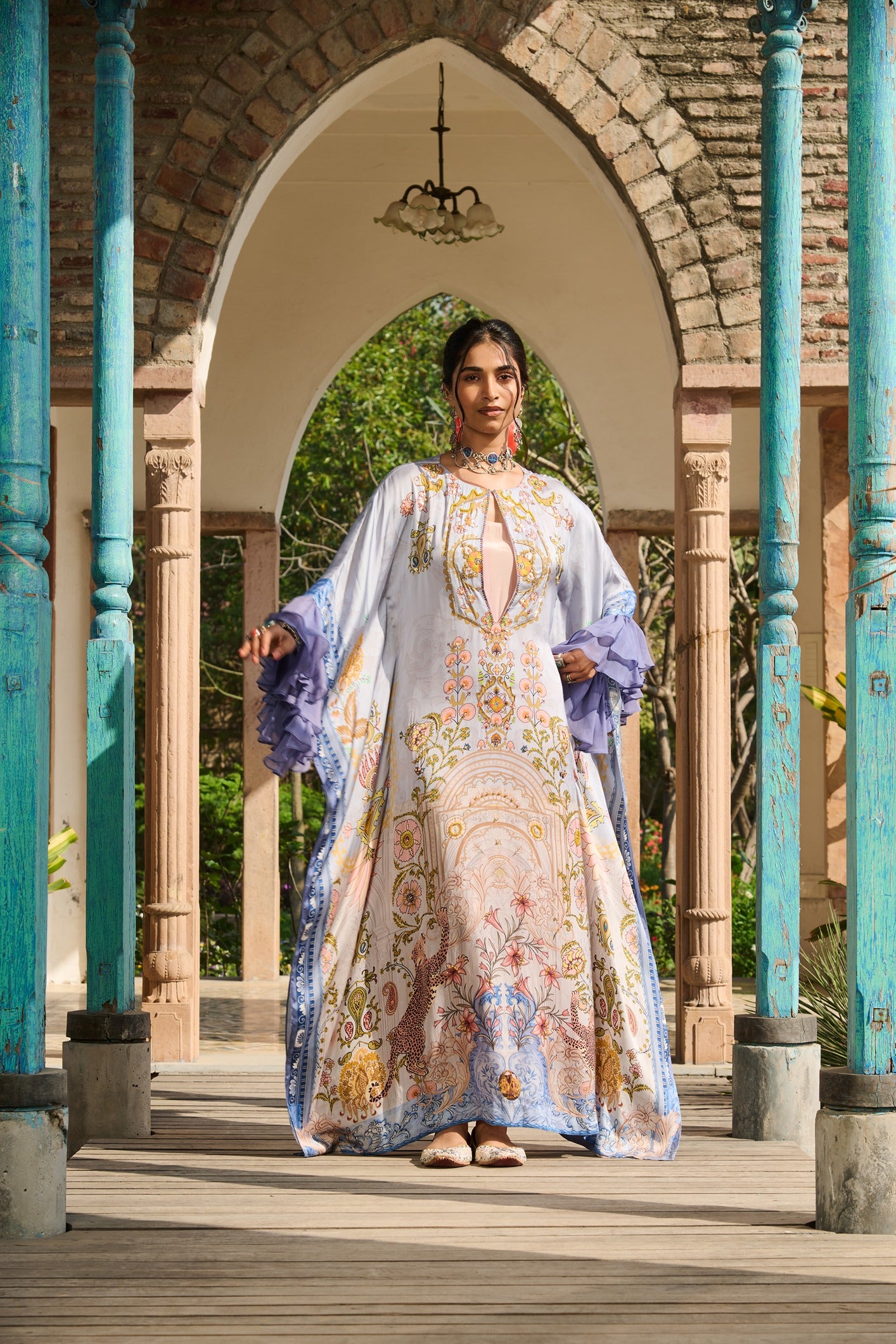 Hand Embelished Suzani Printed Kaftan with Slip