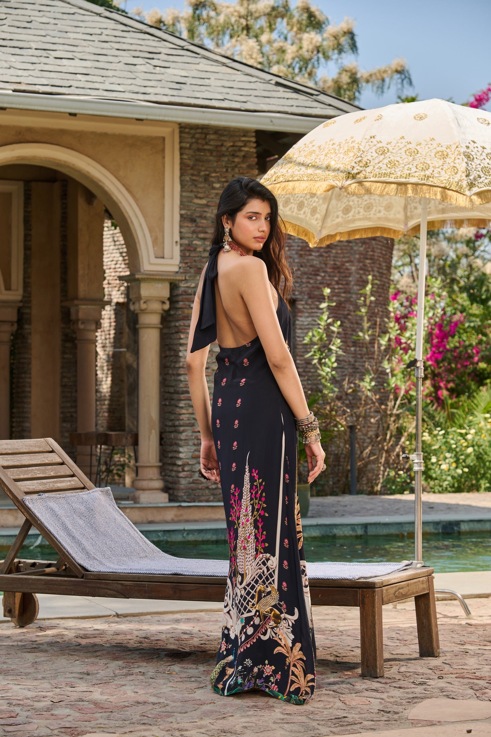 Hand Embelished Cross Halter Printed Kaftan