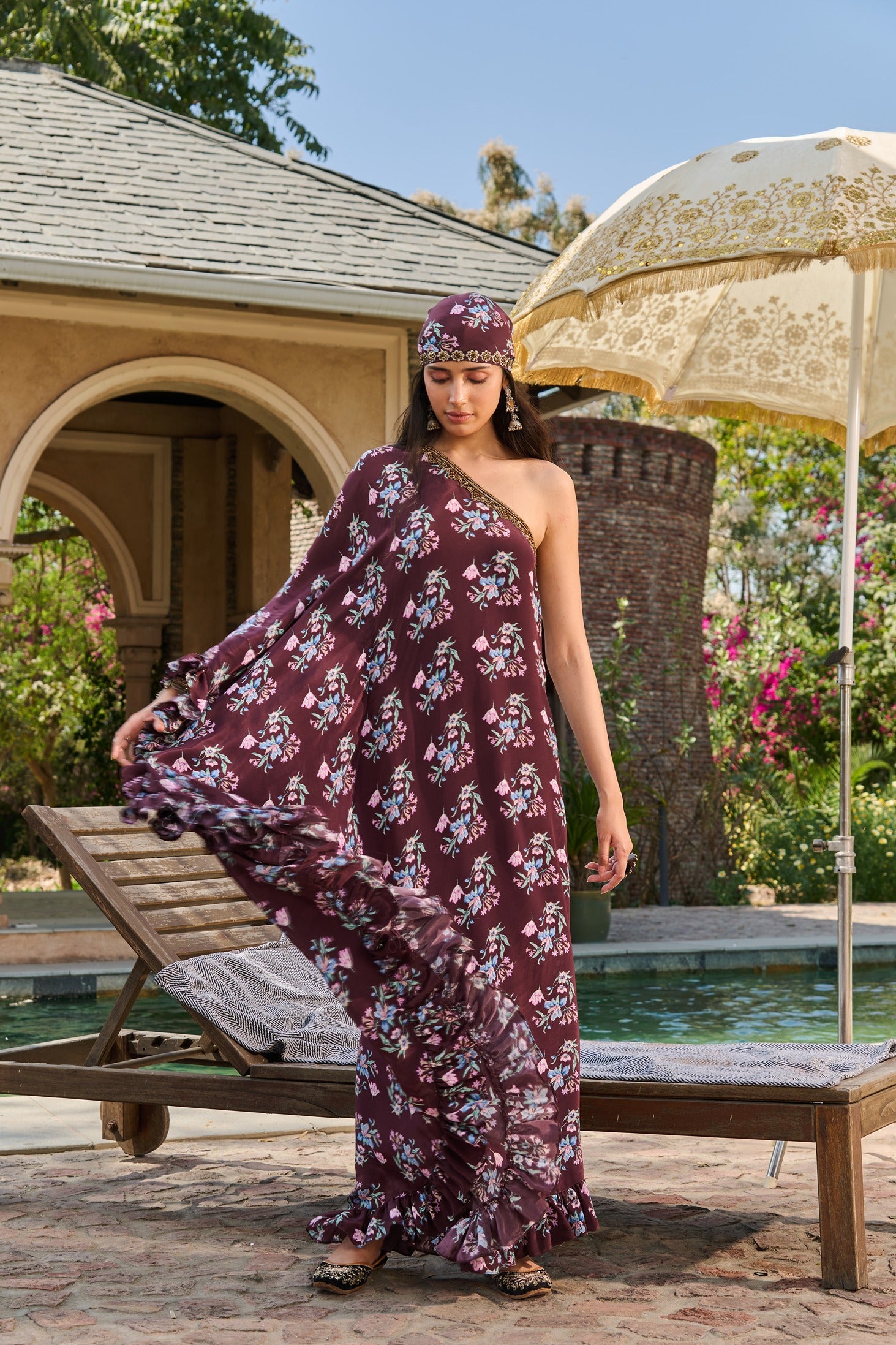 Hand Embelished Off Shoulder Printed Kaftan