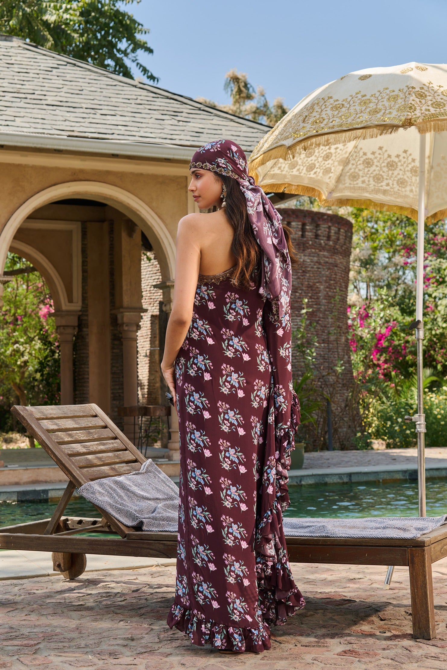 Hand Embelished Off Shoulder Printed Kaftan