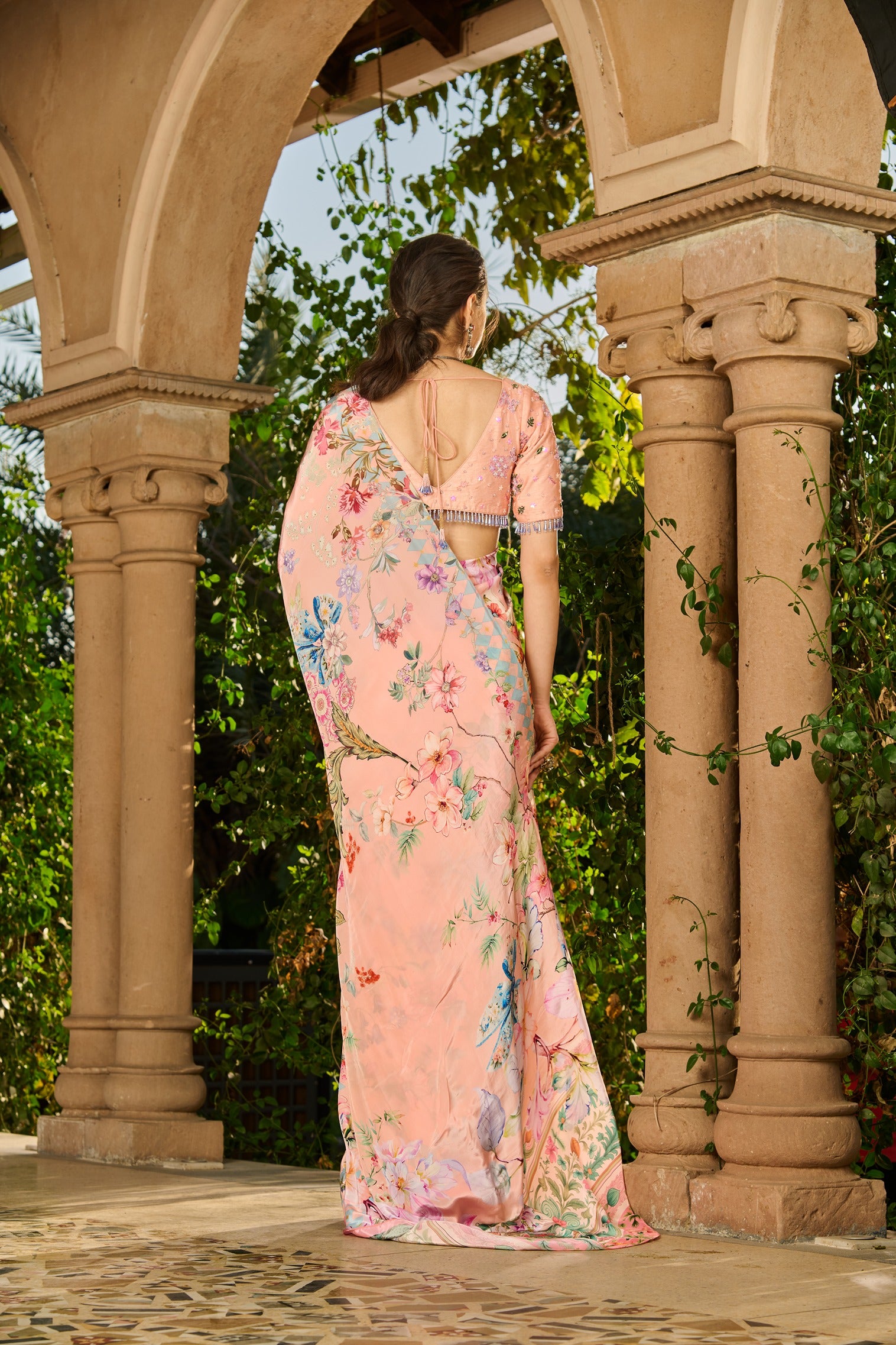 Hand Embroidrered Blouse with Printed Saree and Petticoat