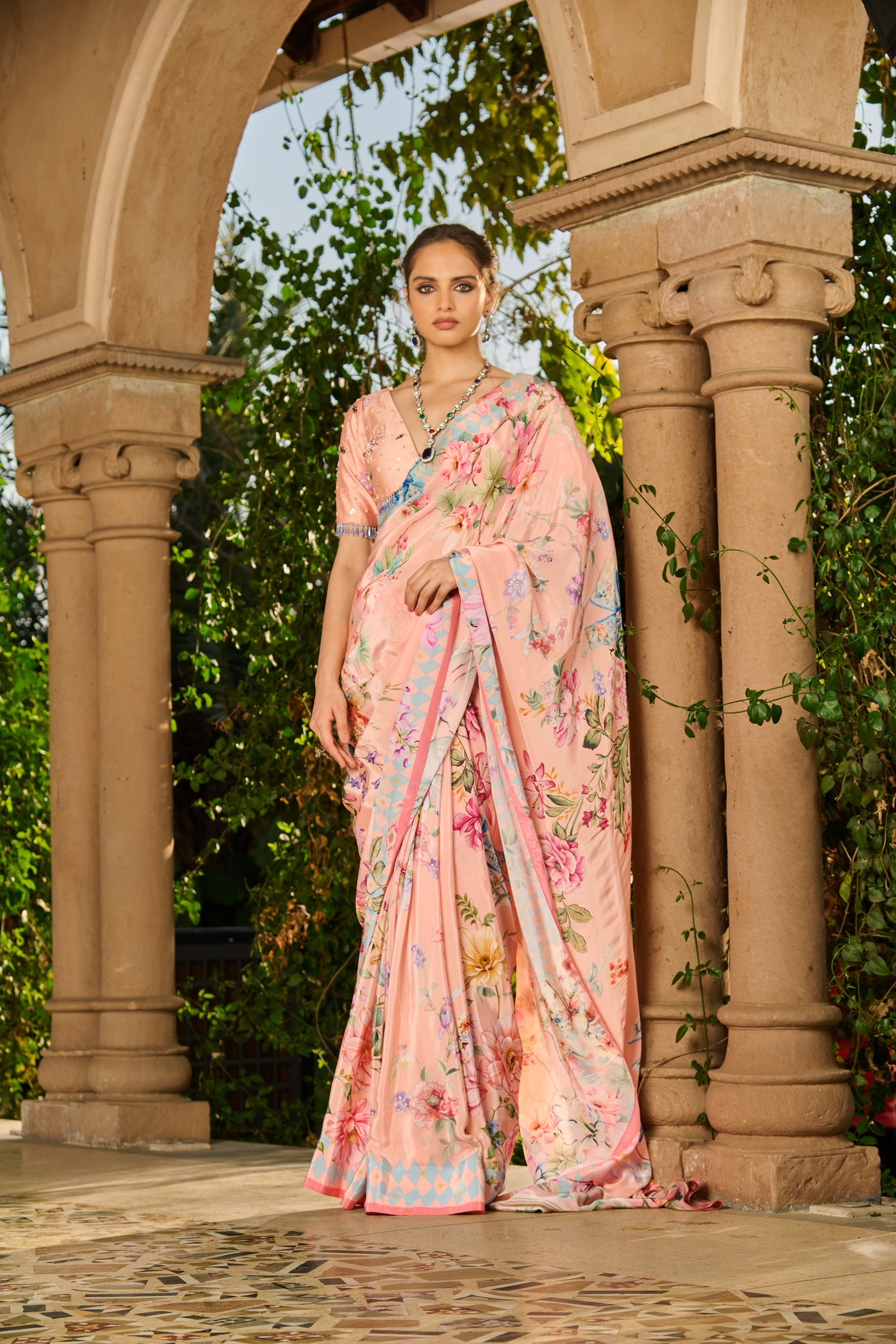 Hand Embroidrered Blouse with Printed Saree and Petticoat