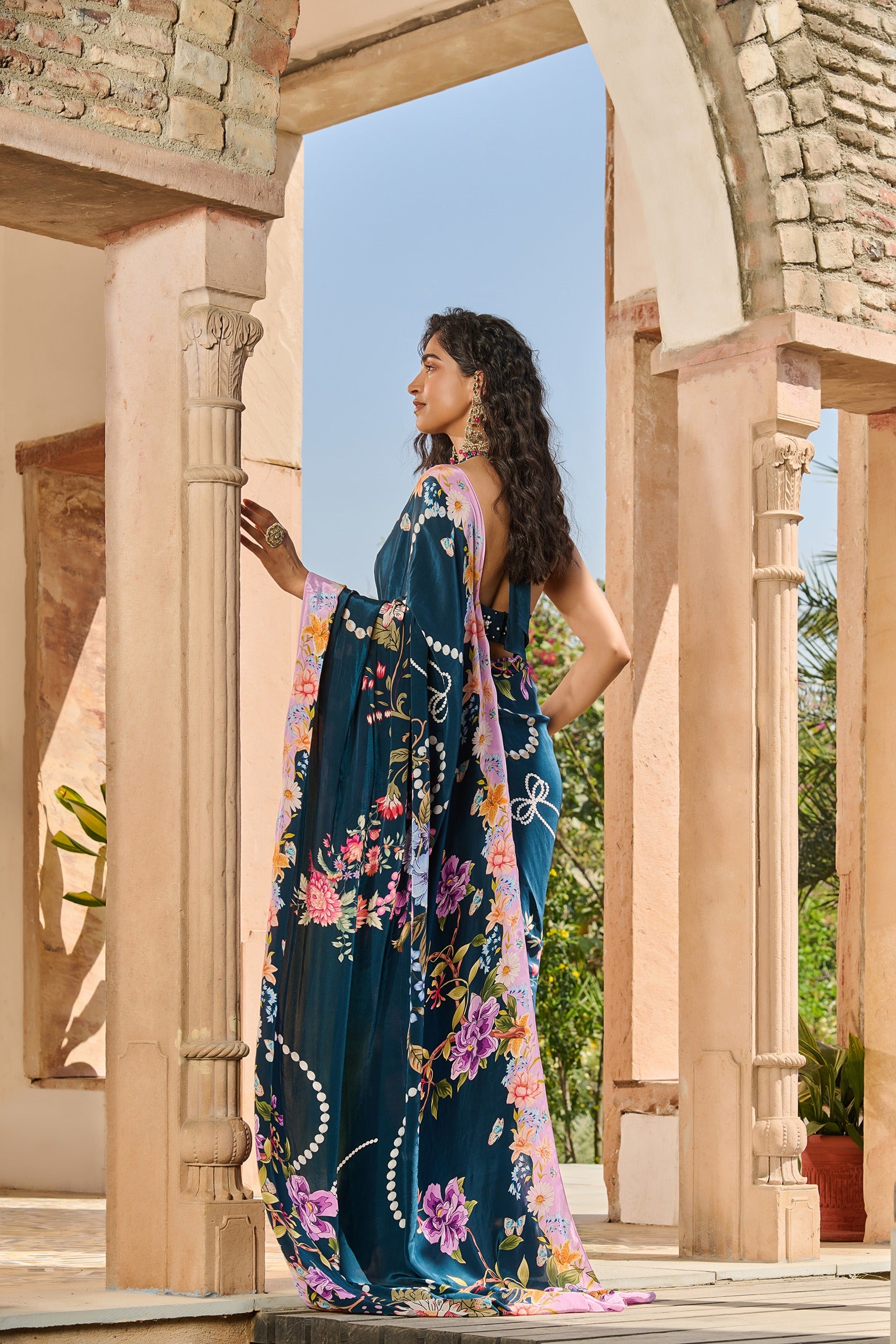 Hand Embelished Blouse with Printed Floral Saree and Petticoat