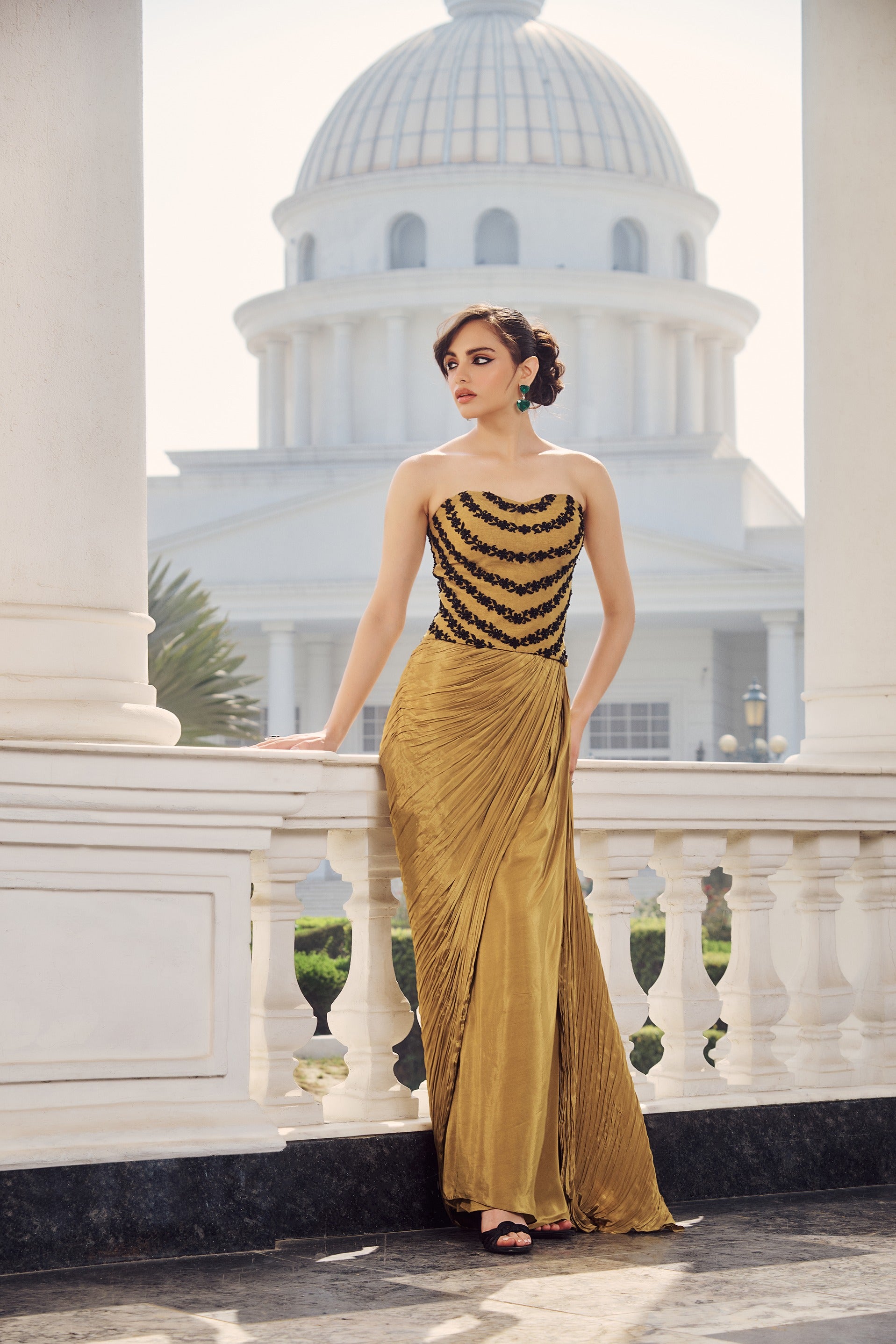 Hand Embelished Corset with Draped Skirt