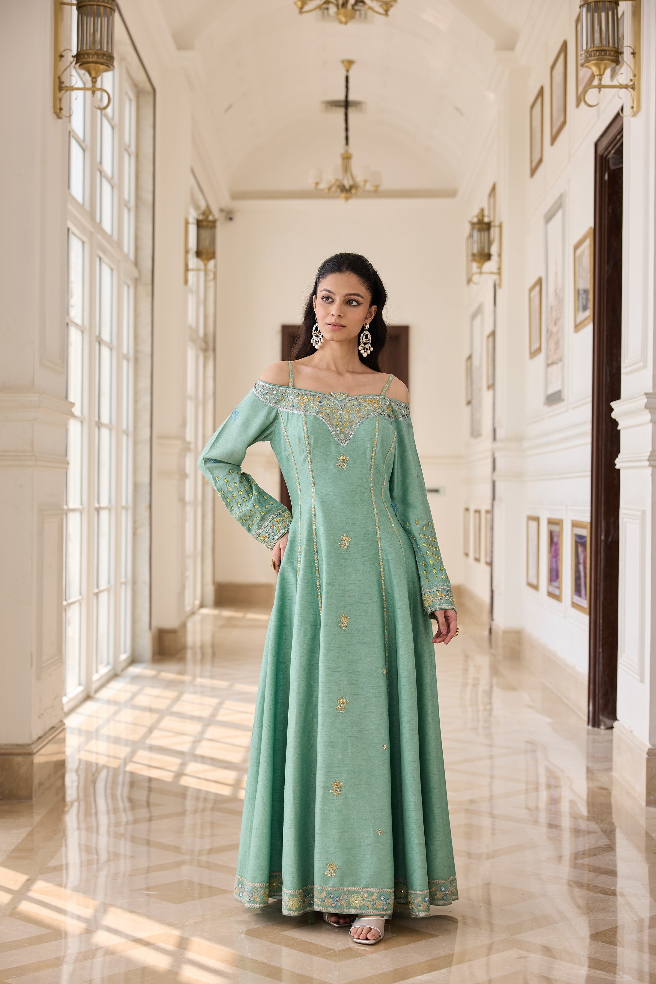 Hand Embroidered Off Shoulder Anarkali with Scallop Dupatta