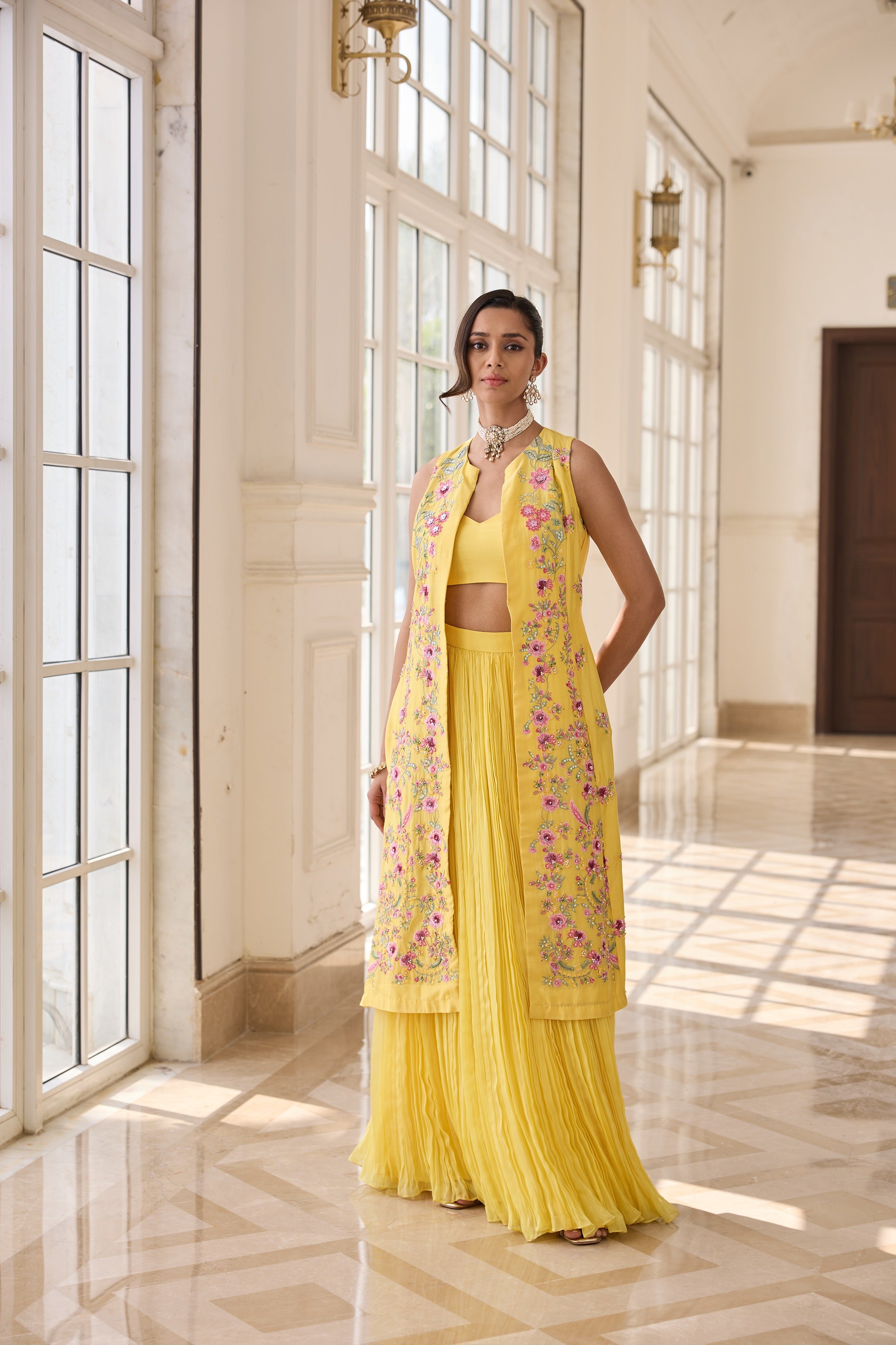 Hand Embelished Long jacket with Rushing Skirt and Bustier