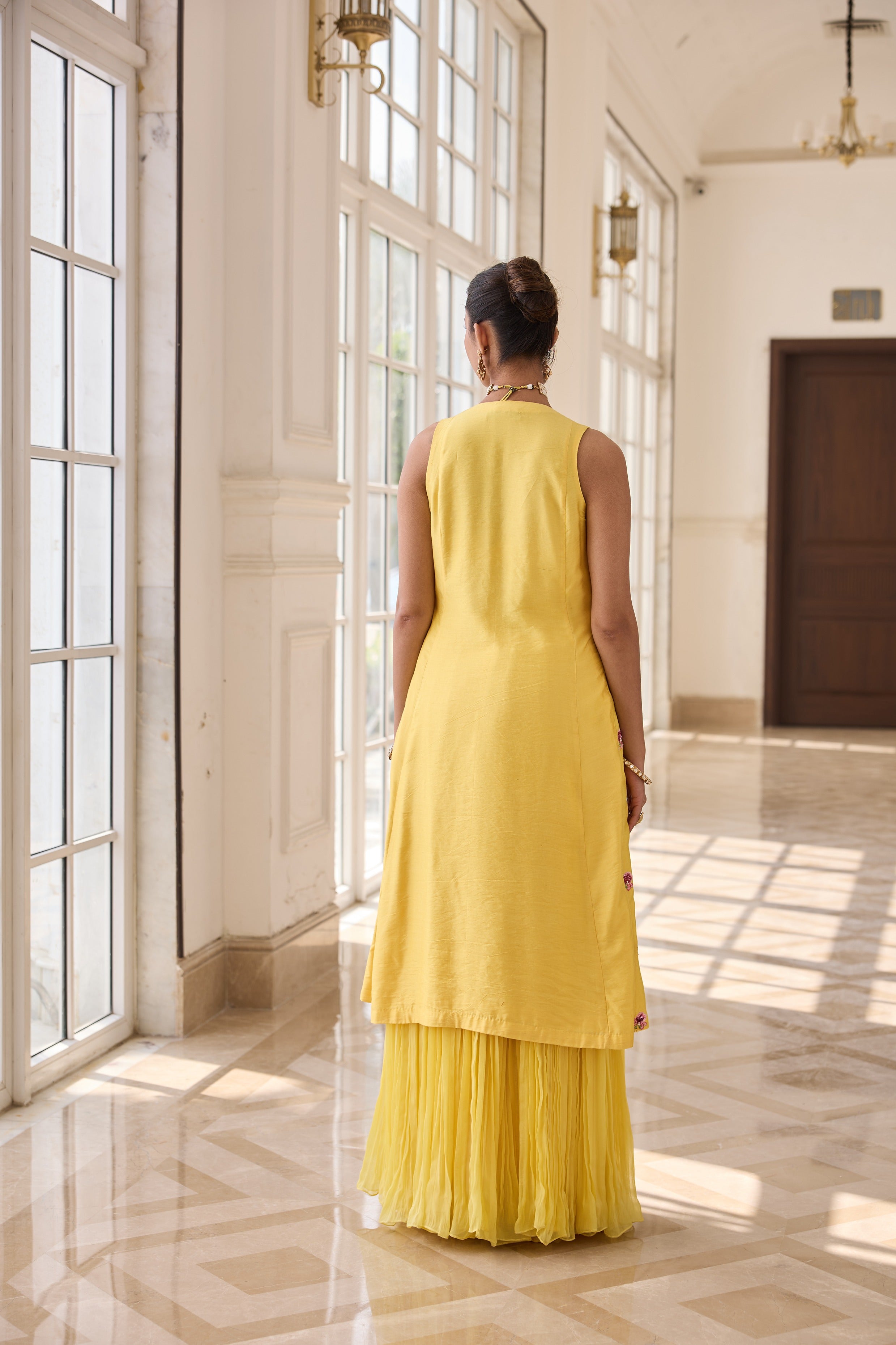 Hand Embelished Long jacket with Rushing Skirt and Bustier