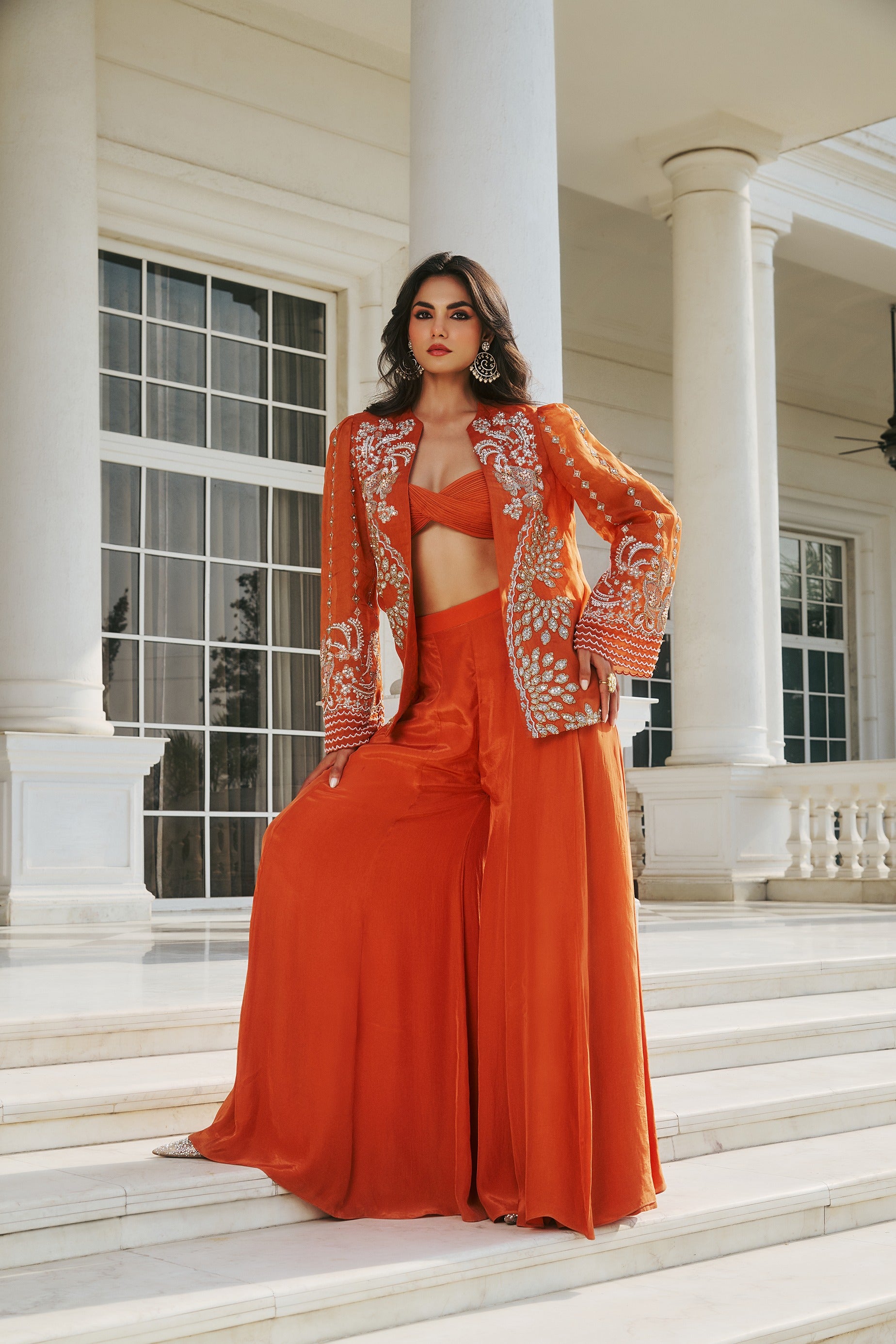 Hand Embellished Jacket with Shahrara and Twisted Bralet