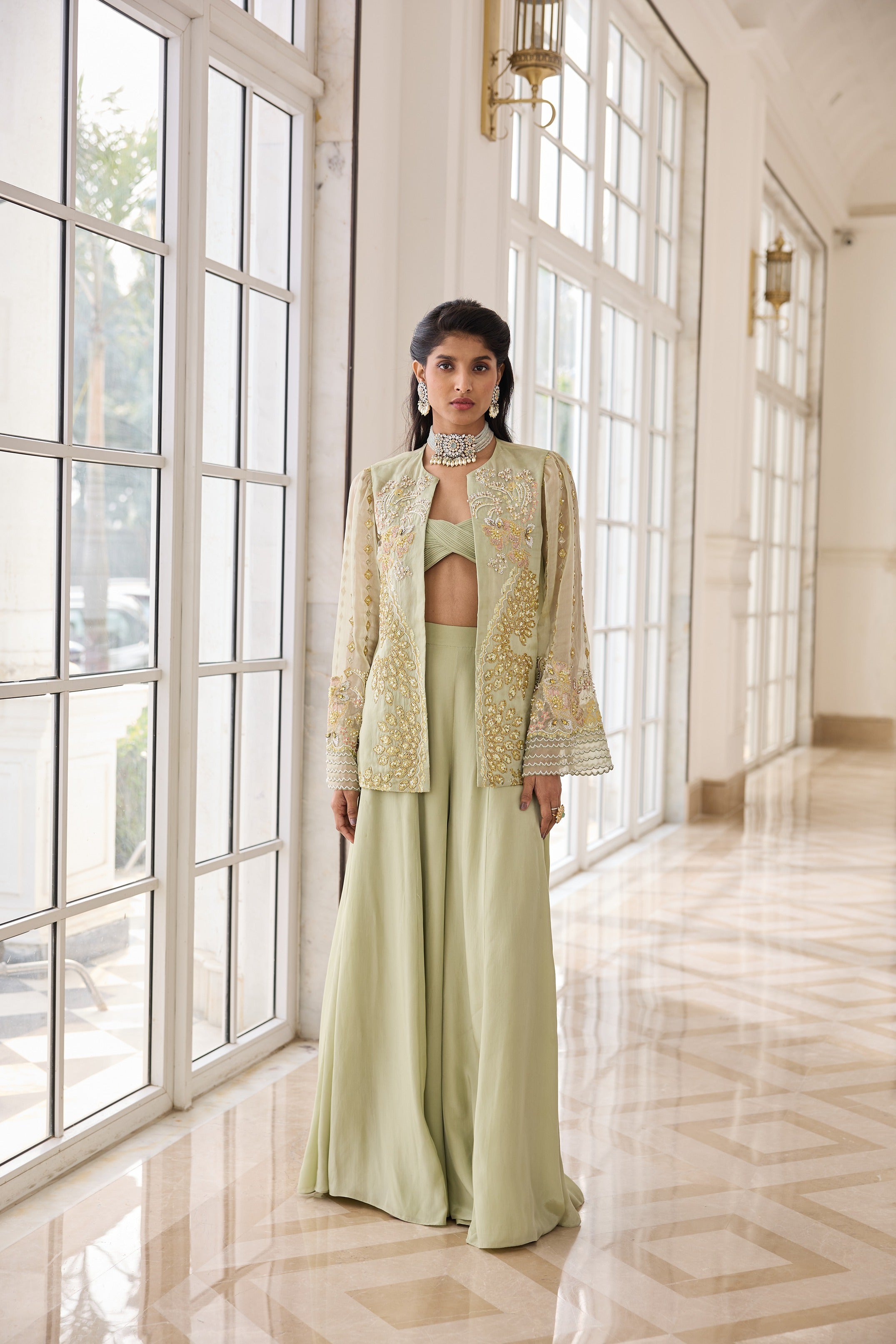 Hand Embellished Jacket with Shahrara and Twisted Bralet