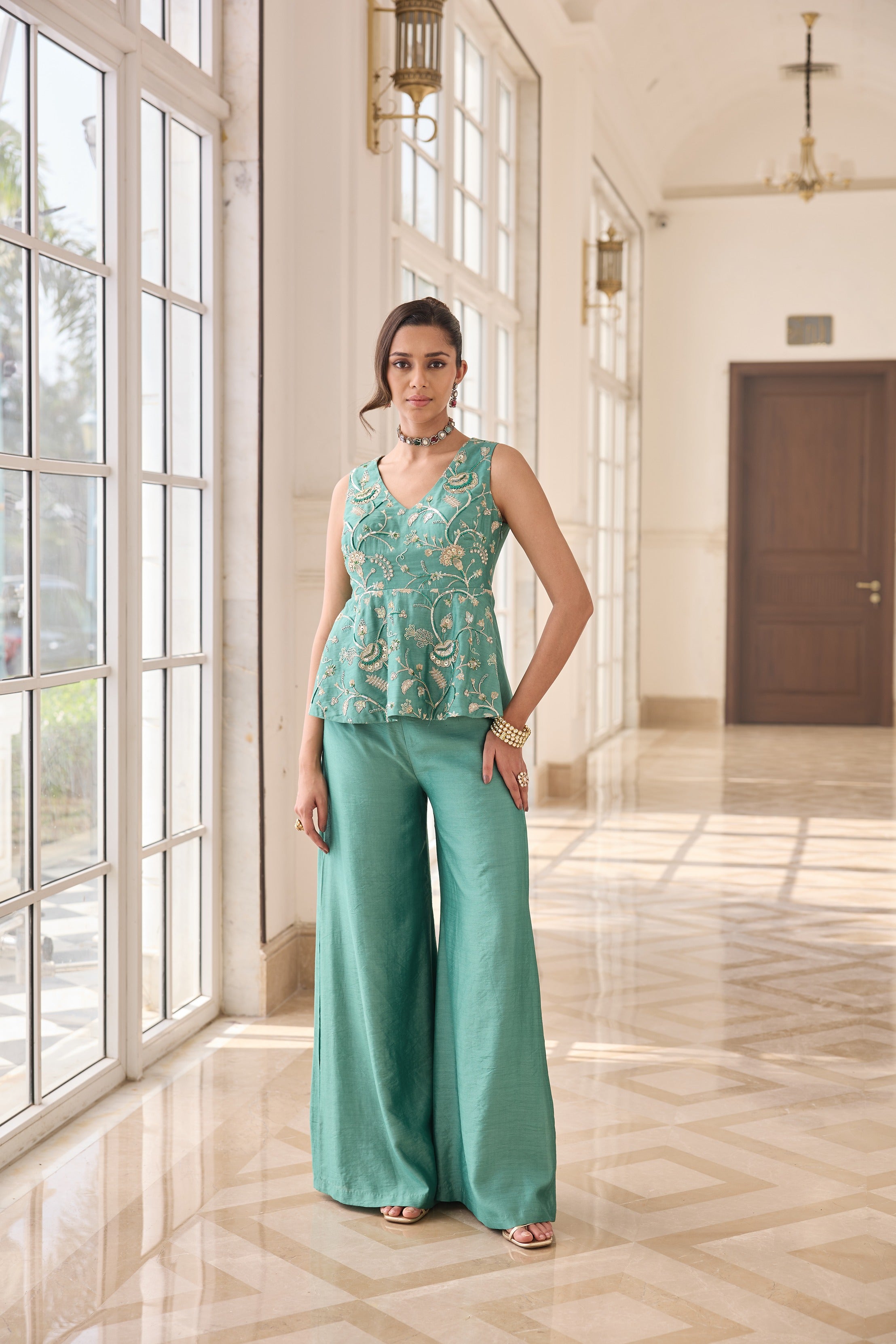Hand Embroidered Peplum with Trousers