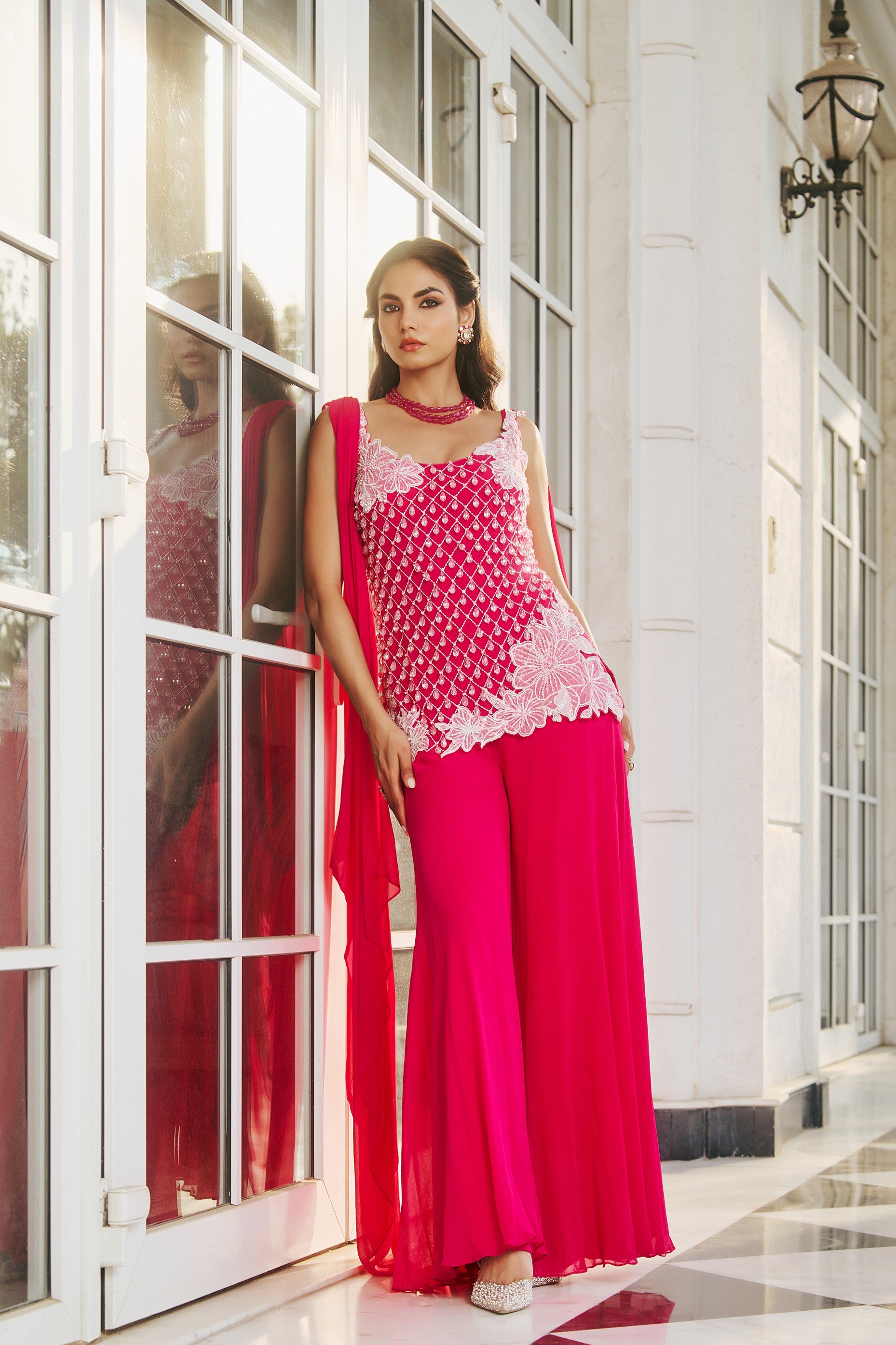 Hand-Embroidered Glass Pearls Draped Kurta with Fluid Trousers