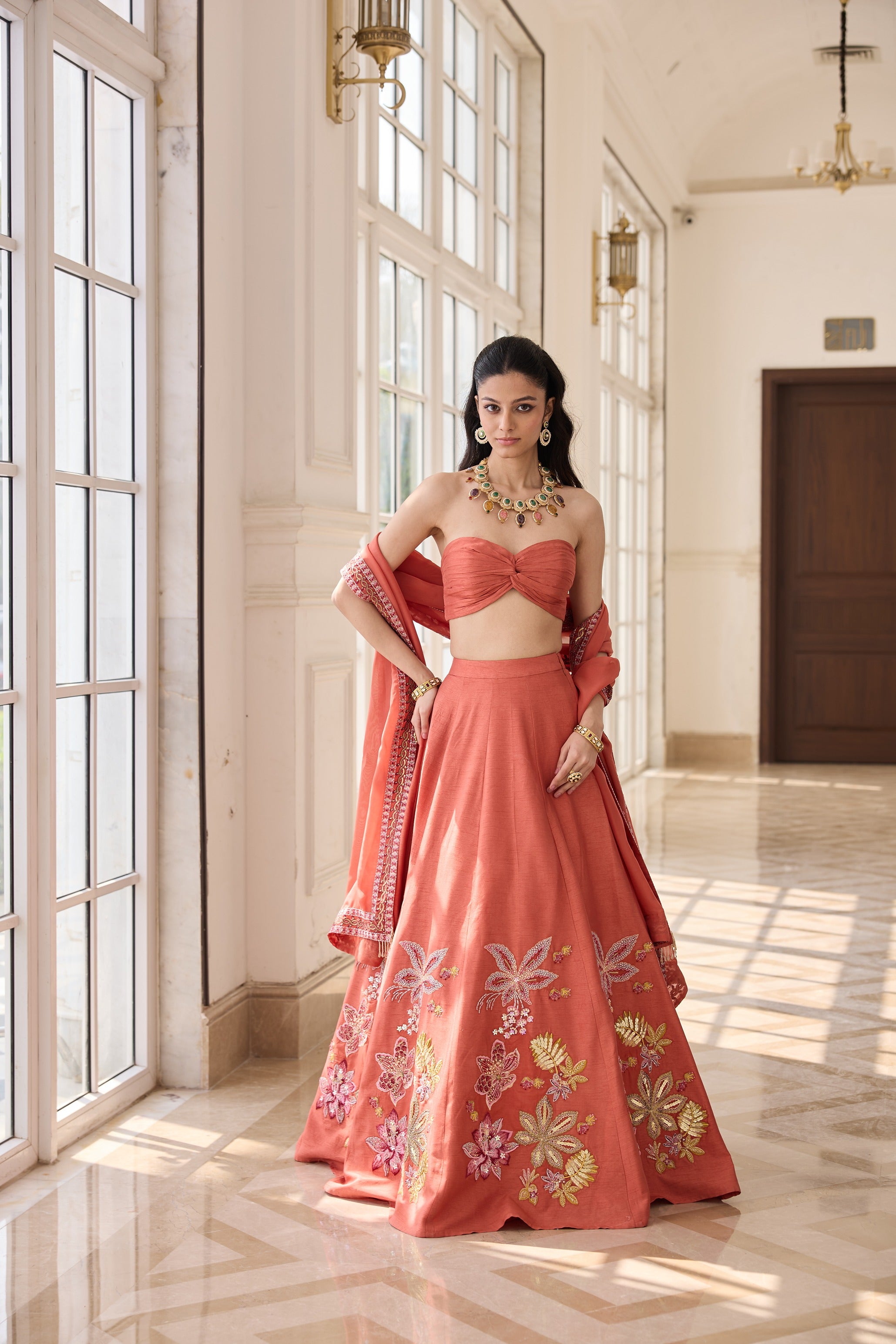 Hand Embellished Lehenga with Twisted Bustier and Dupatta