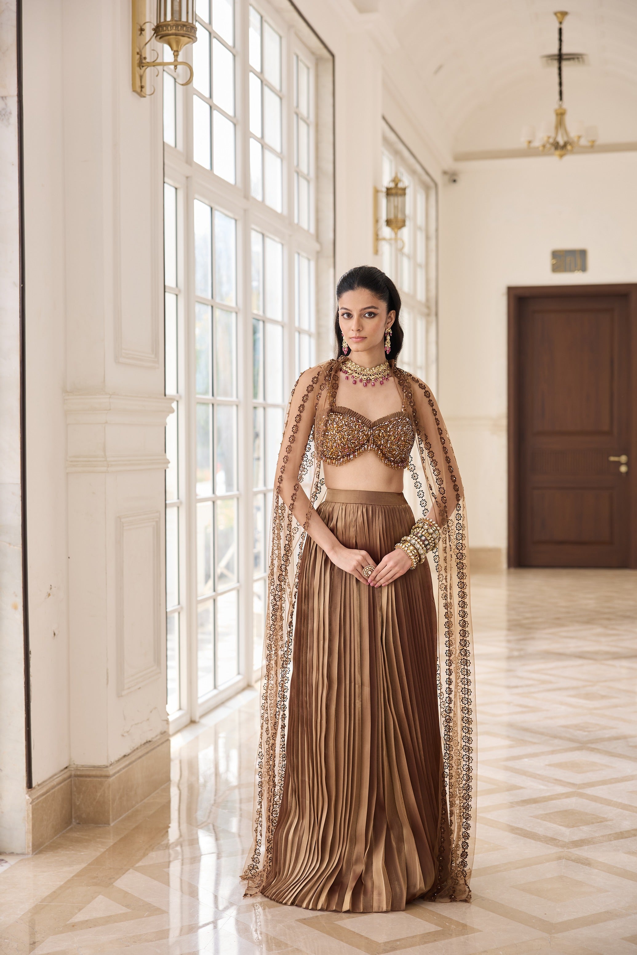 Hand Embroidered Bustier with Butterfly wing and Pleated Skirt