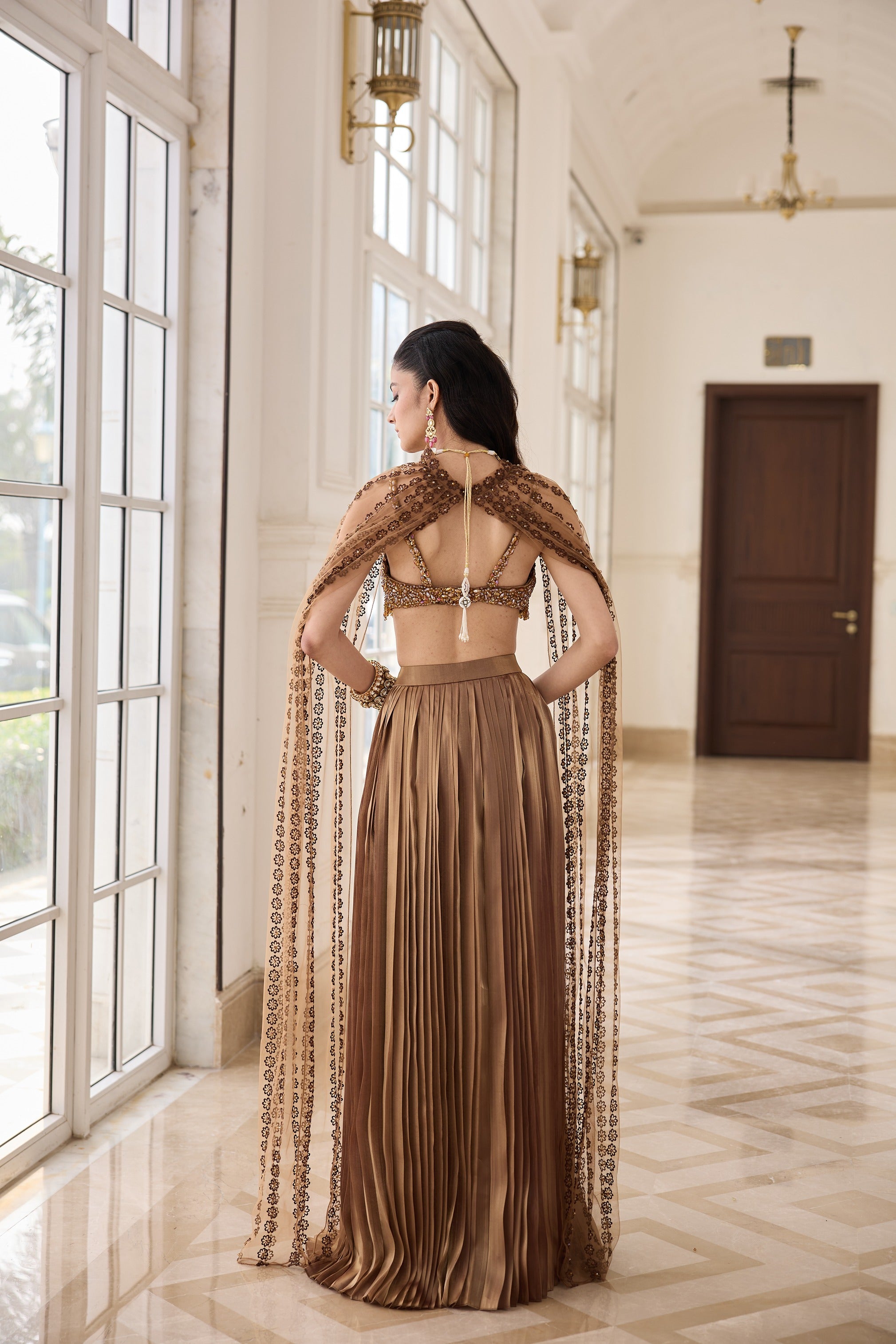 Hand Embroidered Bustier with Butterfly wing and Pleated Skirt