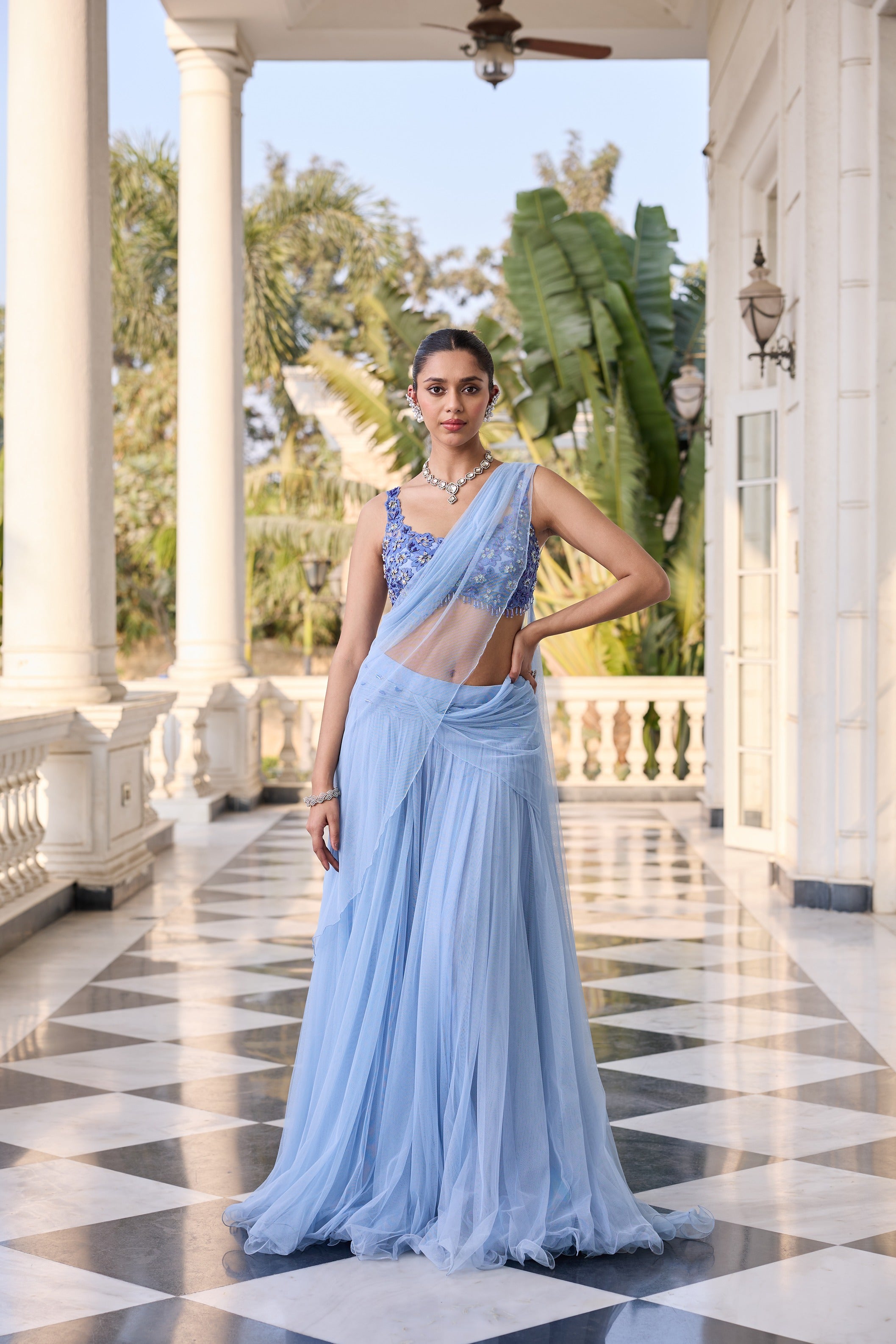 Hand-Embroidered Blouse with Draped Saree