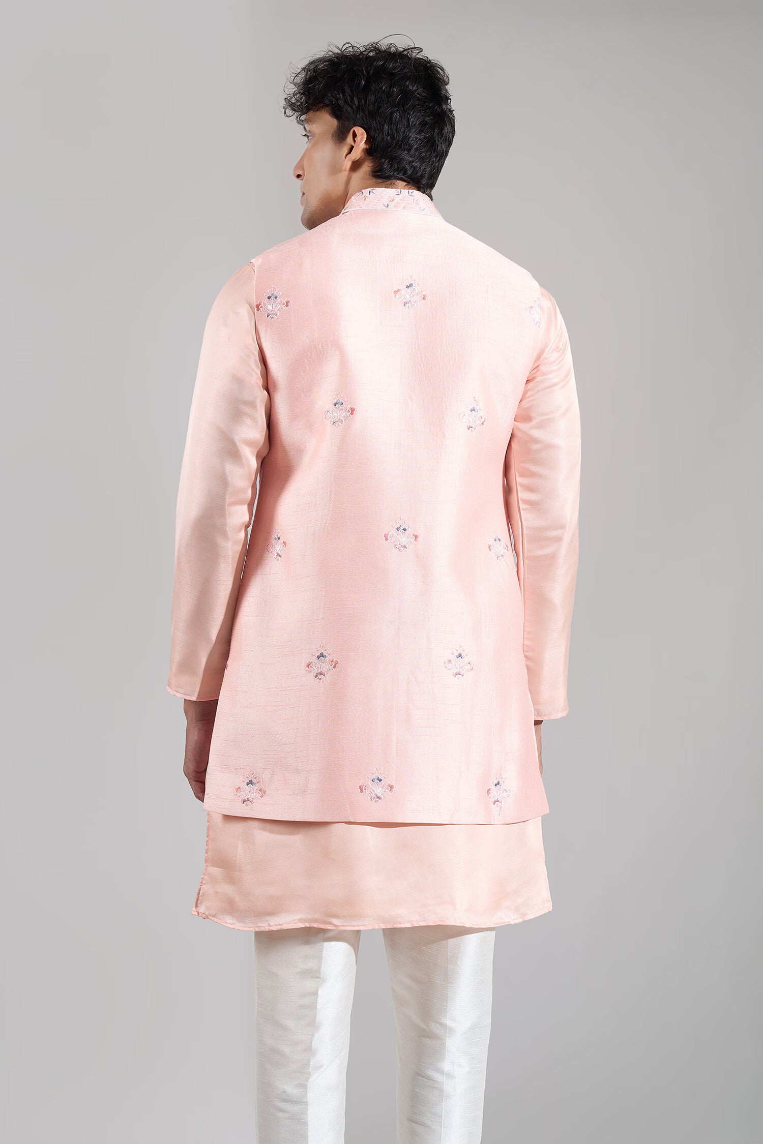 Peach Embroidered Kurta-Jacket Set