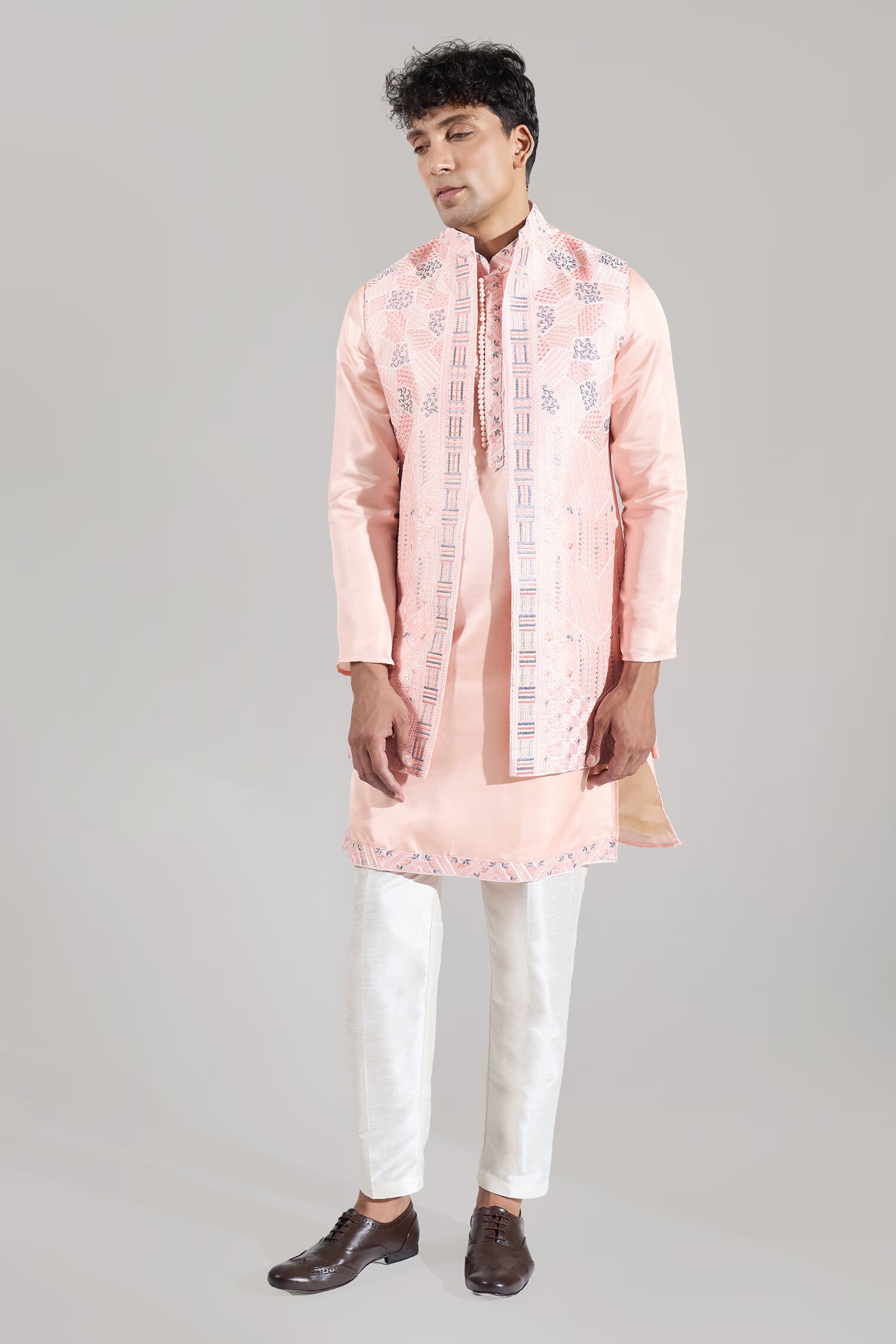 Peach Embroidered Kurta-Jacket Set