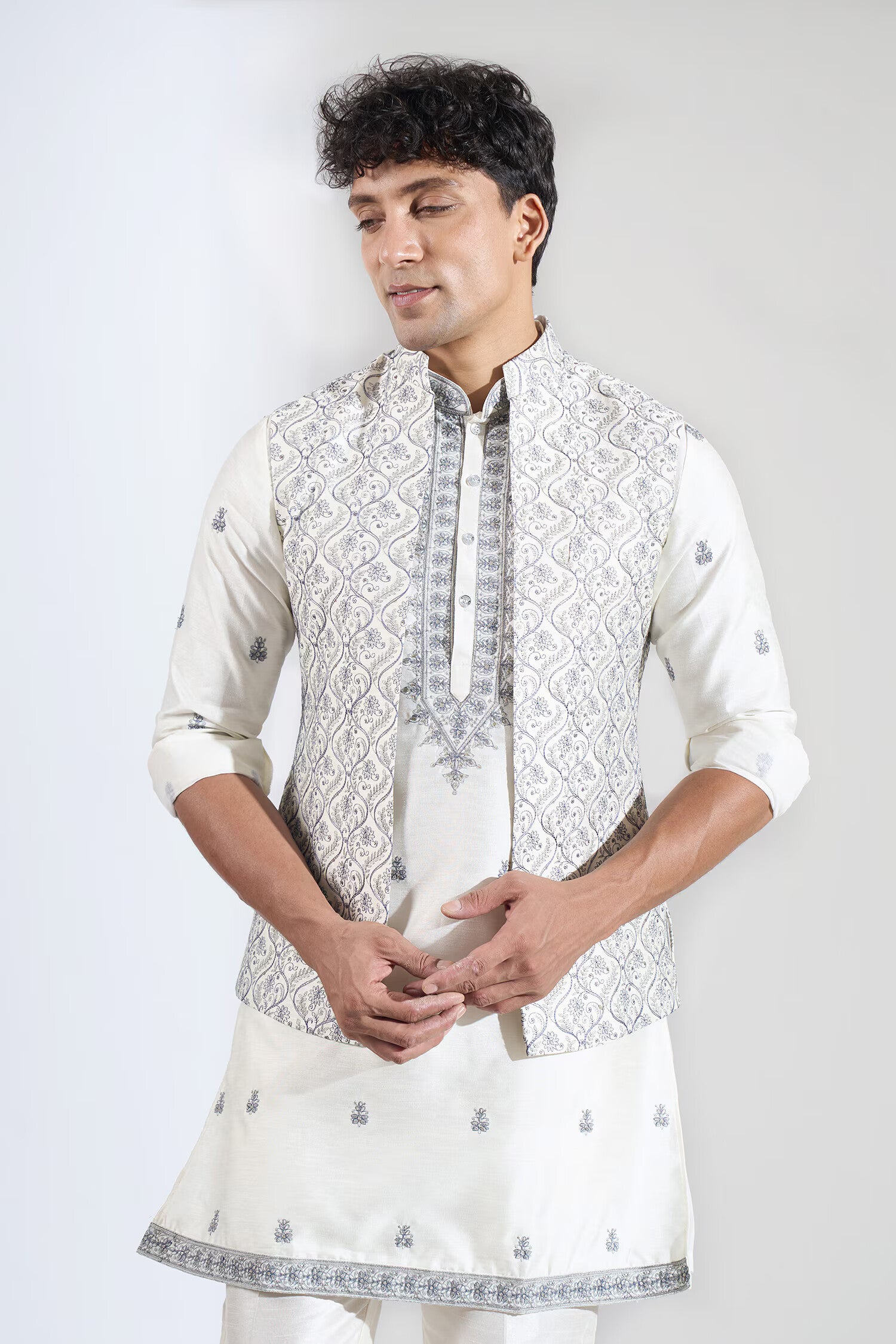 Off White Embroidered Kurta-Jacket Set