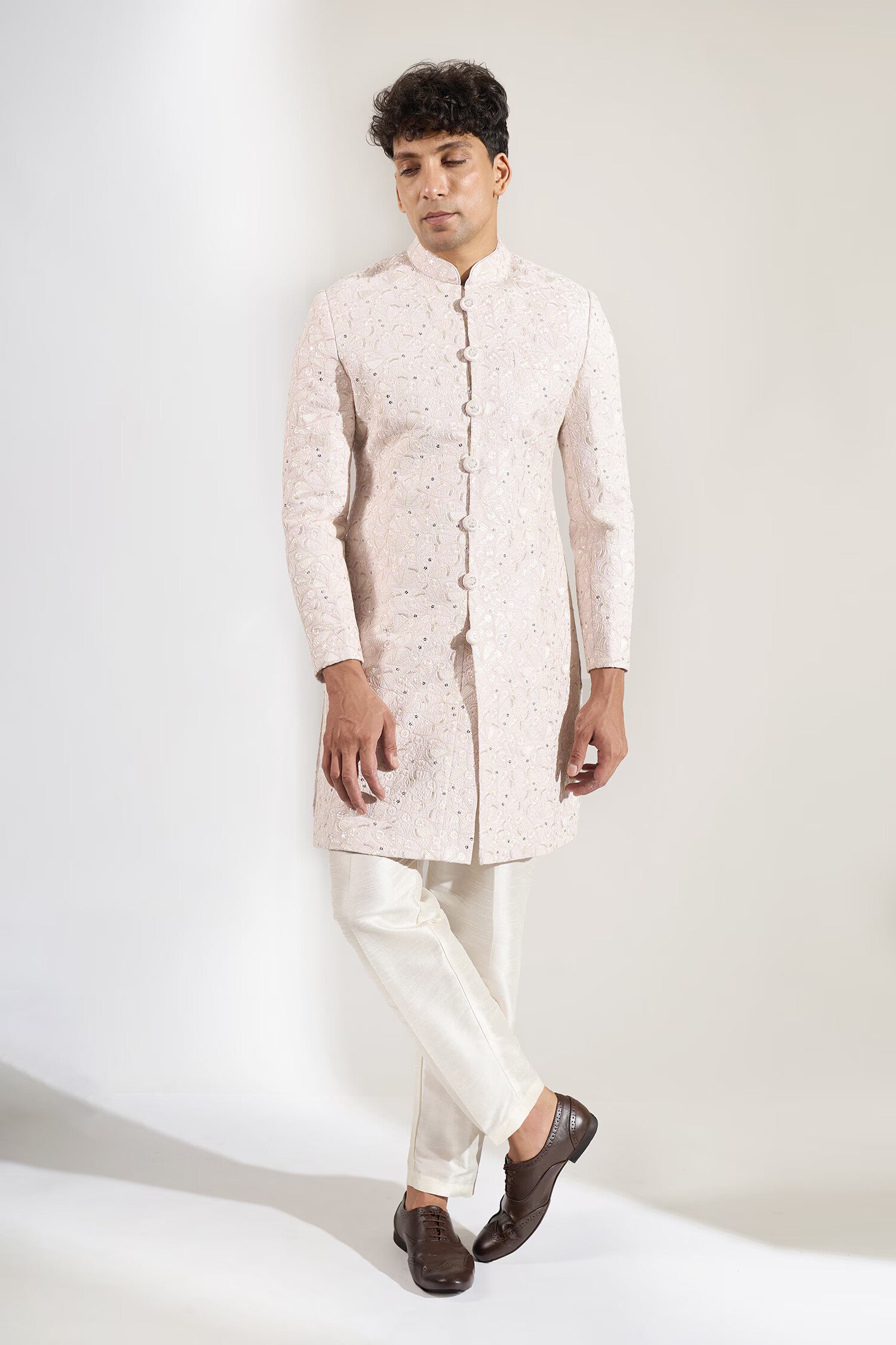 Blush Pink Embroidered Achkan Set