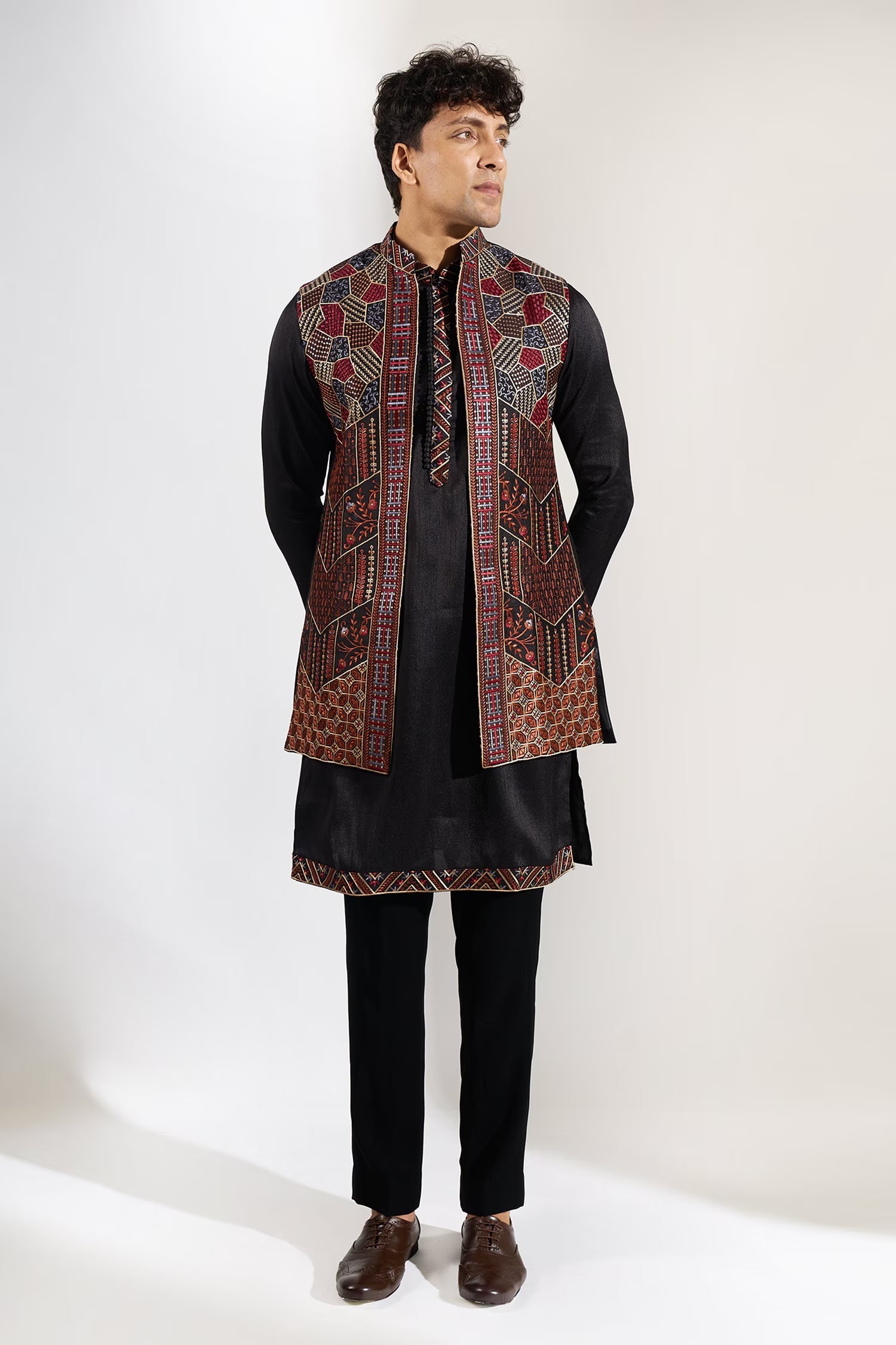 Dark Blue Embroidered Kurta-Jacket Set