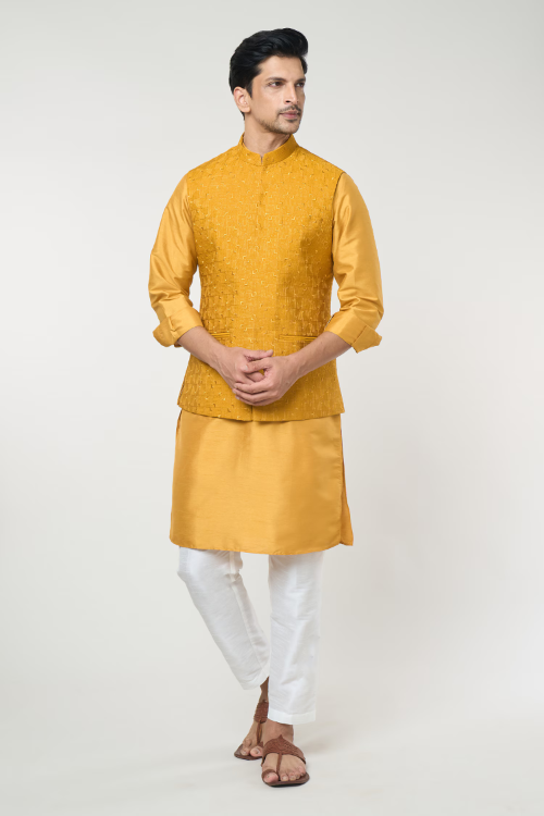 Mustard Embroidered Kurta-Jacket Set