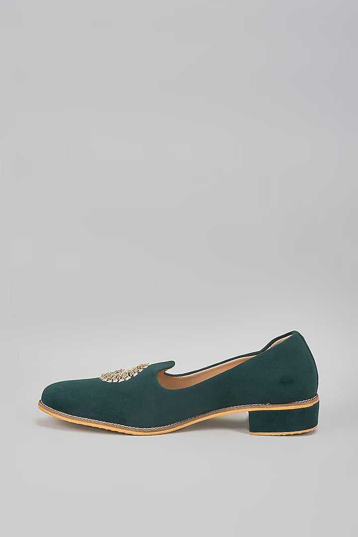 Emerald Green Embroidered Loafers