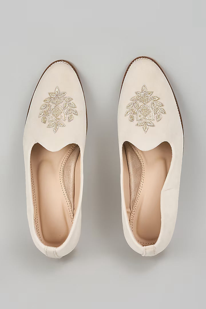 Off White Embroidered Loafers