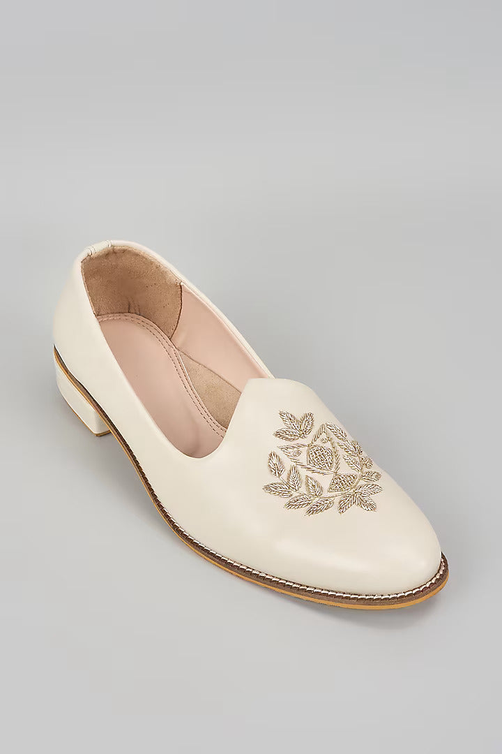 Off White Embroidered Loafers