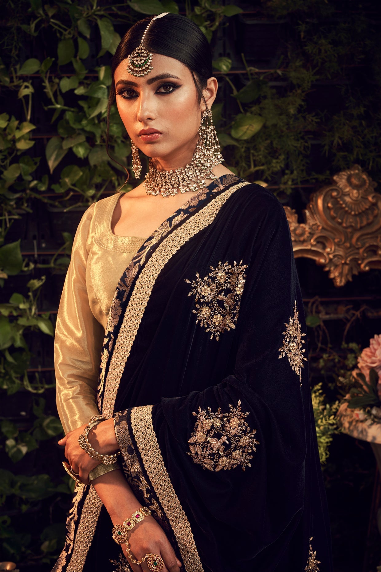 Gold & Midnight Blue Embroidered Lehenga Set