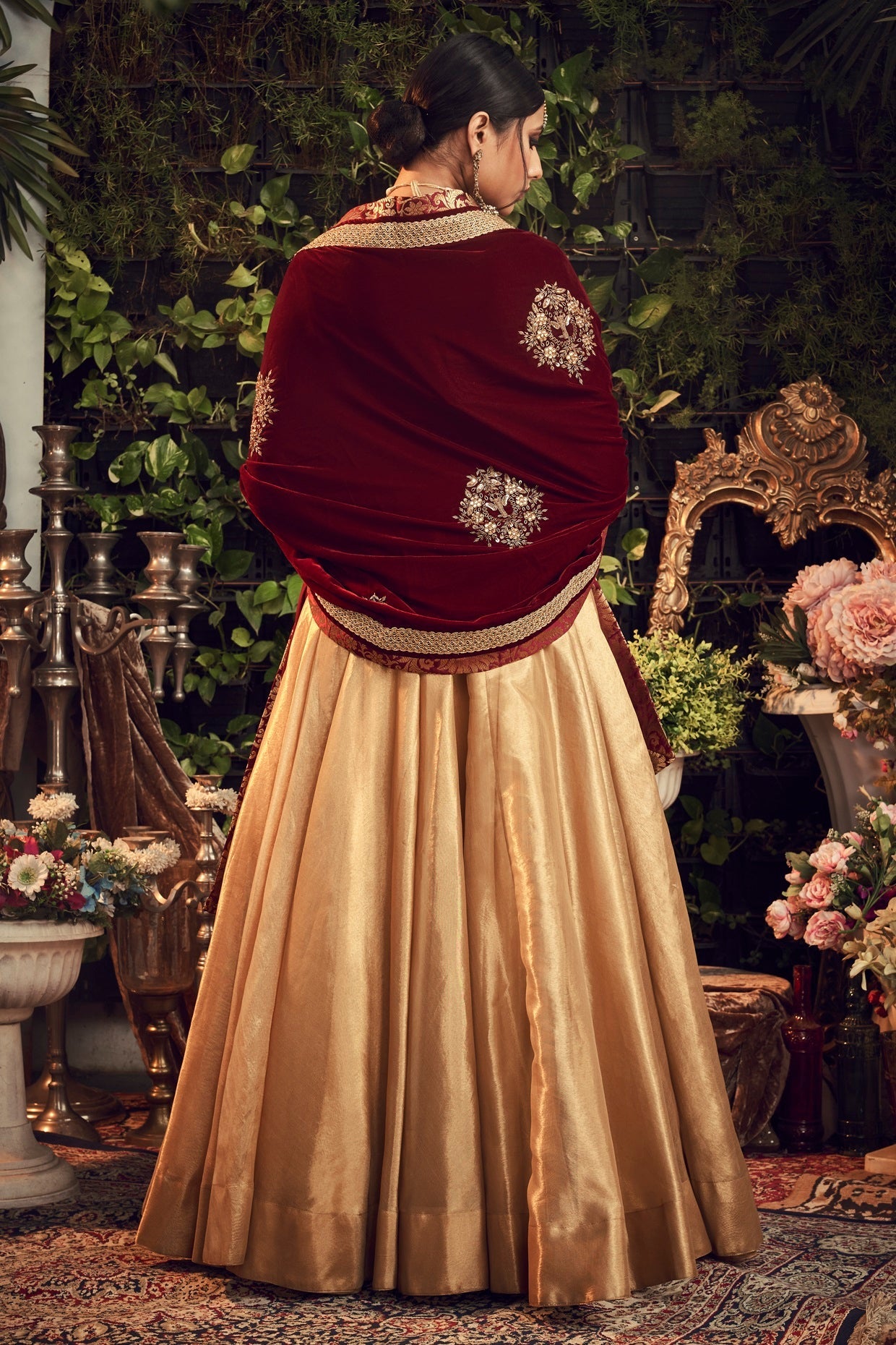 Gold & Maroon Embroidered Lehenga Set