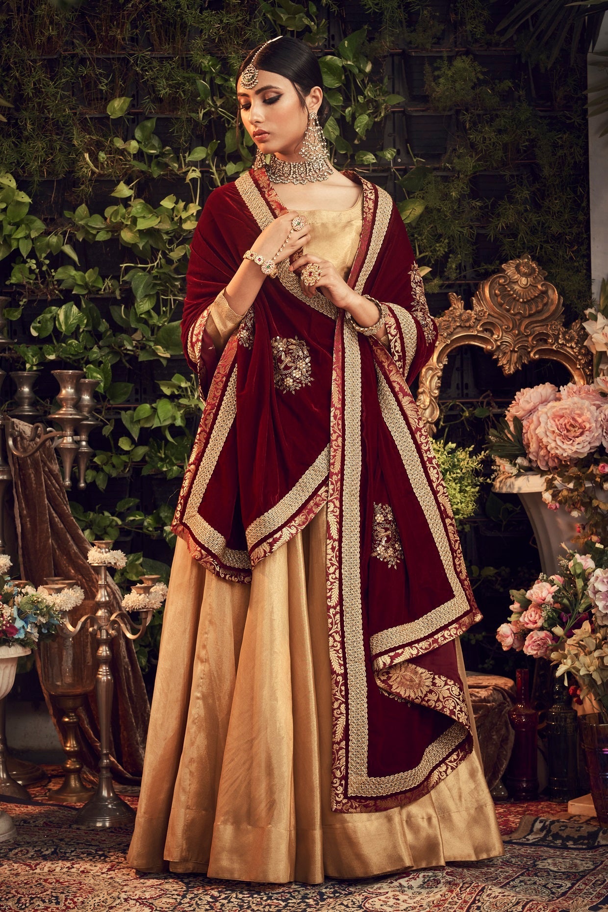 Gold & Maroon Embroidered Lehenga Set